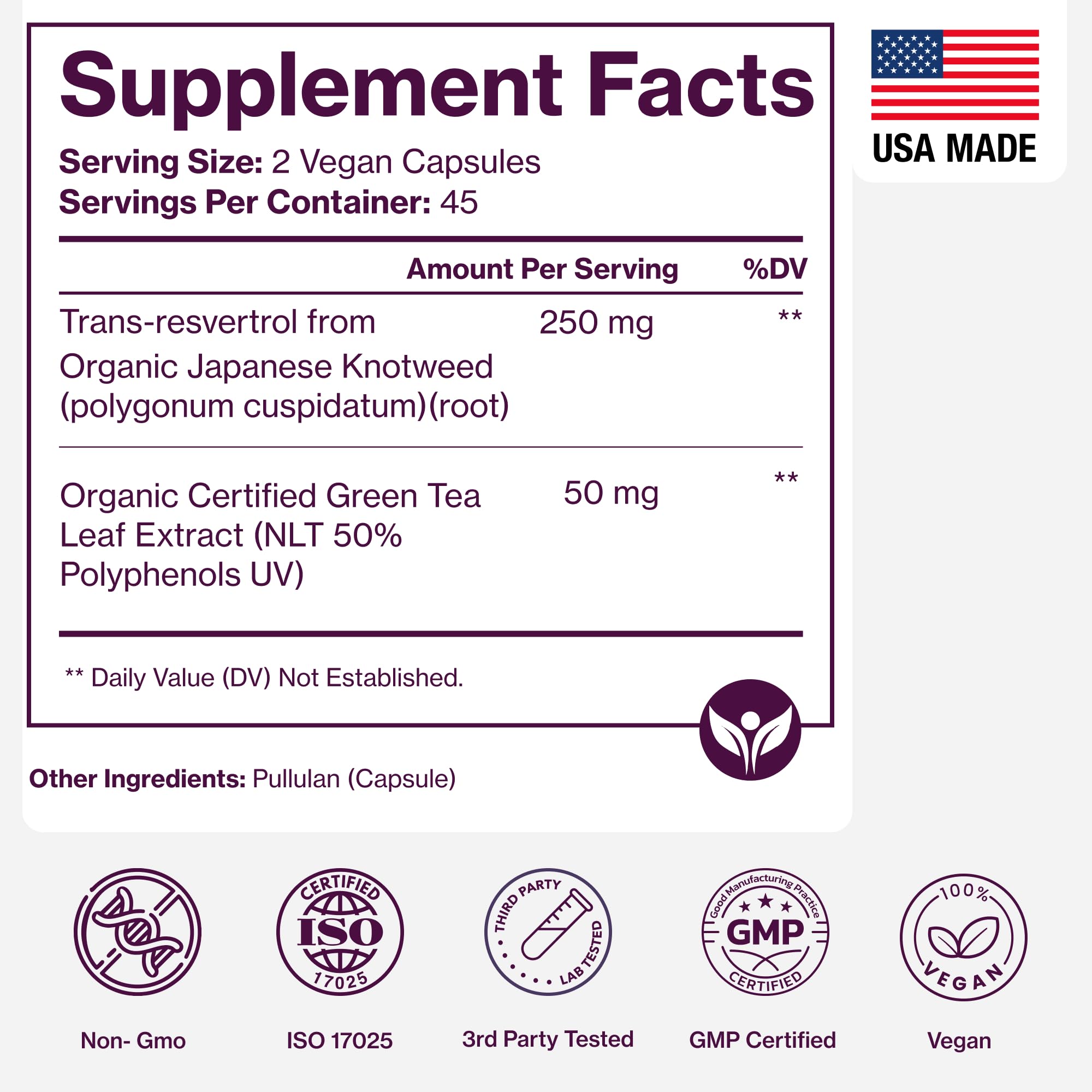 Organic Resveratrol Supplement – Trans-Resveratrol Capsules with Green Tea – Highly Purified & Bioavailable - 90 Vegan Caps