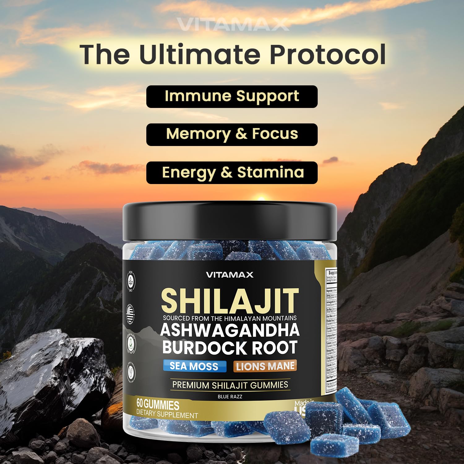 Vitamax Organic Shilajit Gummies with Sea Moss & Ashwagandha – 105+ Minerals, 60 Count