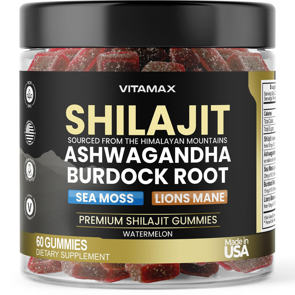 Organic Shilajit Gummies with Sea Moss & Ashwagandha – Watermelon Flavor, 60ct – Vegan, Non-GMO, Made in USA