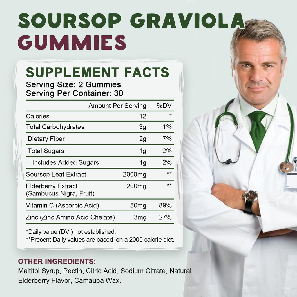 Organic Soursop Graviola Gummies with Elderberry | Multivitamin, Immune Support & Skin Health | Vegan 60 Day Supply