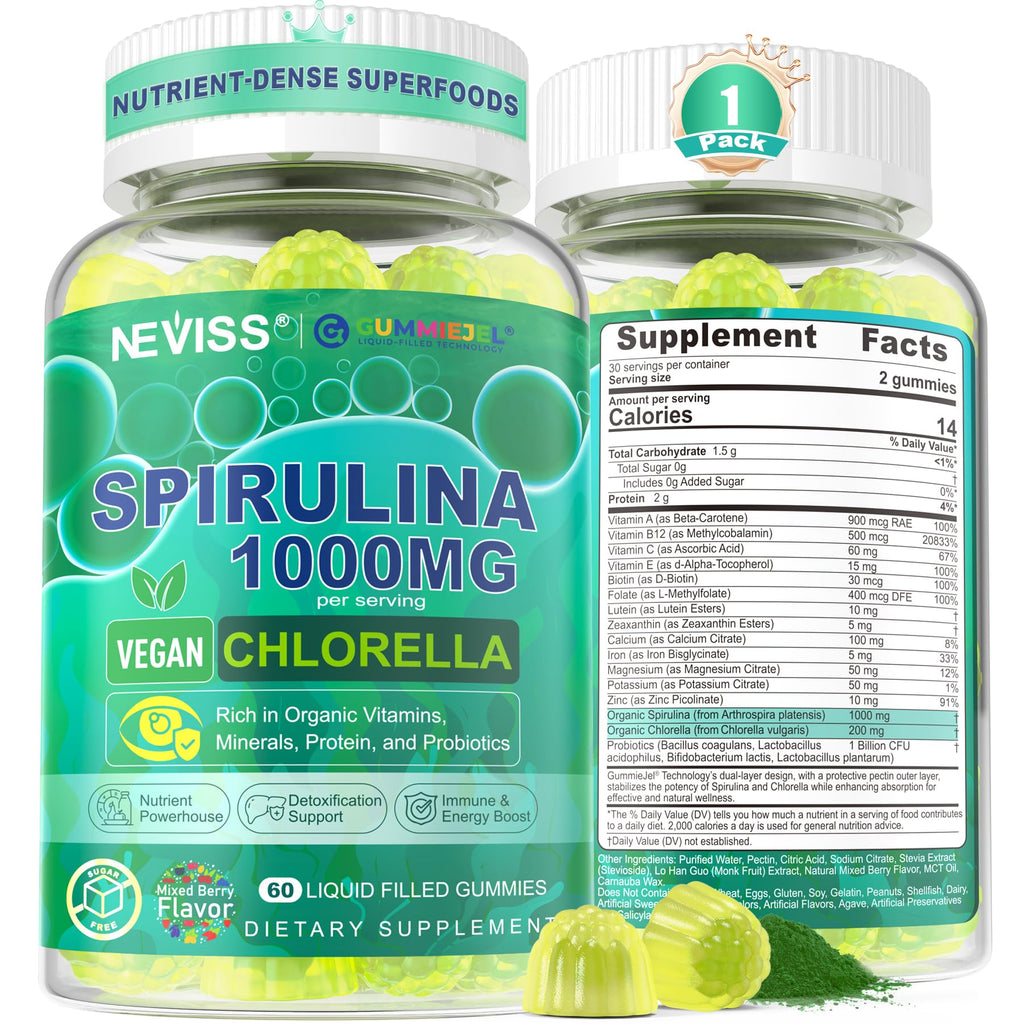 Organic Spirulina & Chlorella Gummies – Probiotic & Super Greens Supplement, 60 Count