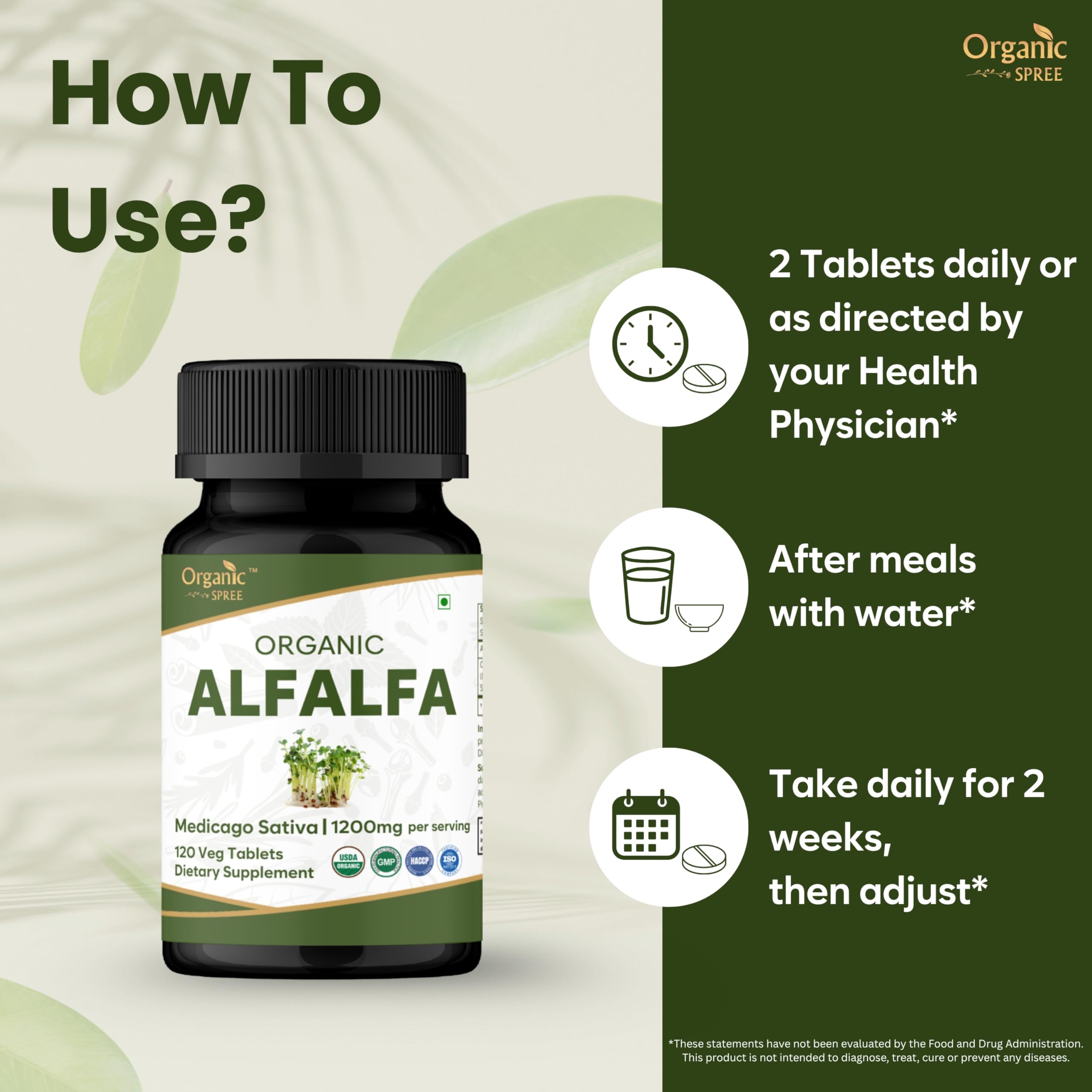 Organic Spree Alfalfa 120 Tablets | Medicago Sativa | USDA Organic | Pack of 3