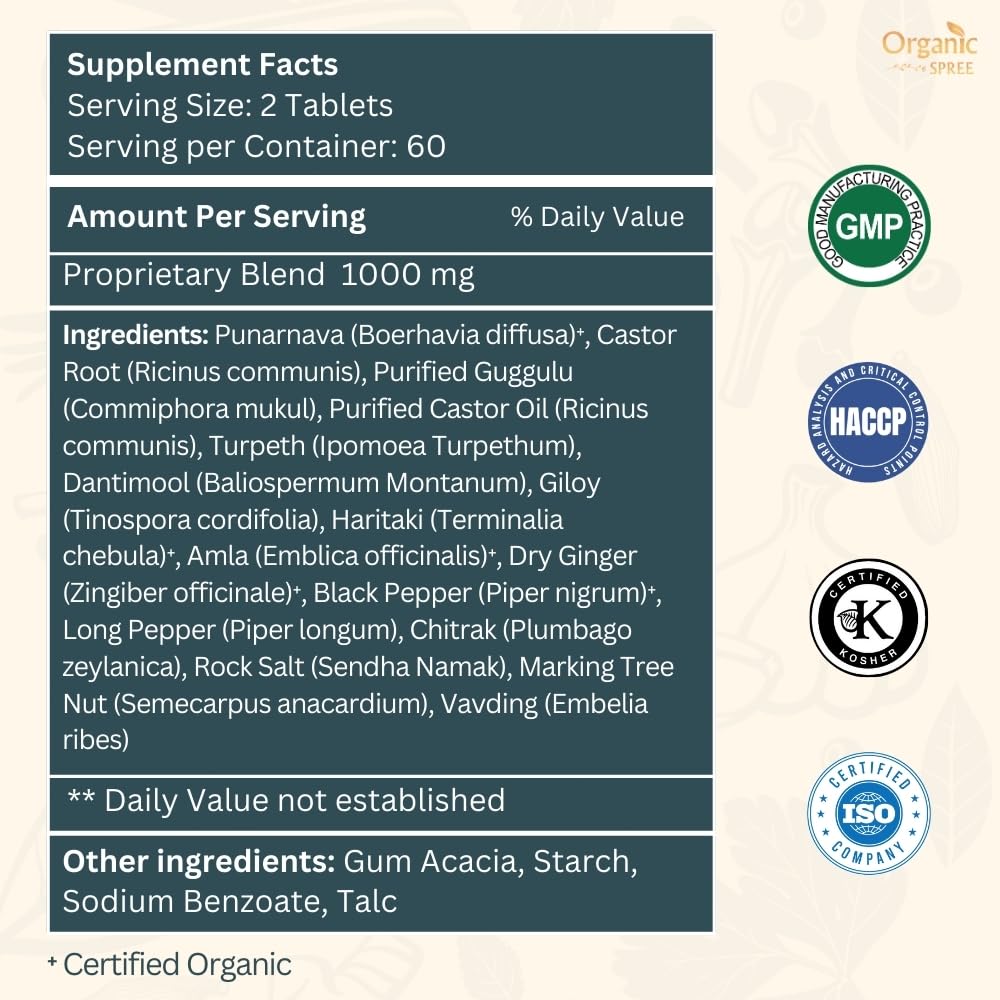 ORGANIC SPREE Punarnavadi Guggulu 120 Tablets – Supports Kidney Function* – Ayurvedic Formulation, Certified & Vegetarian