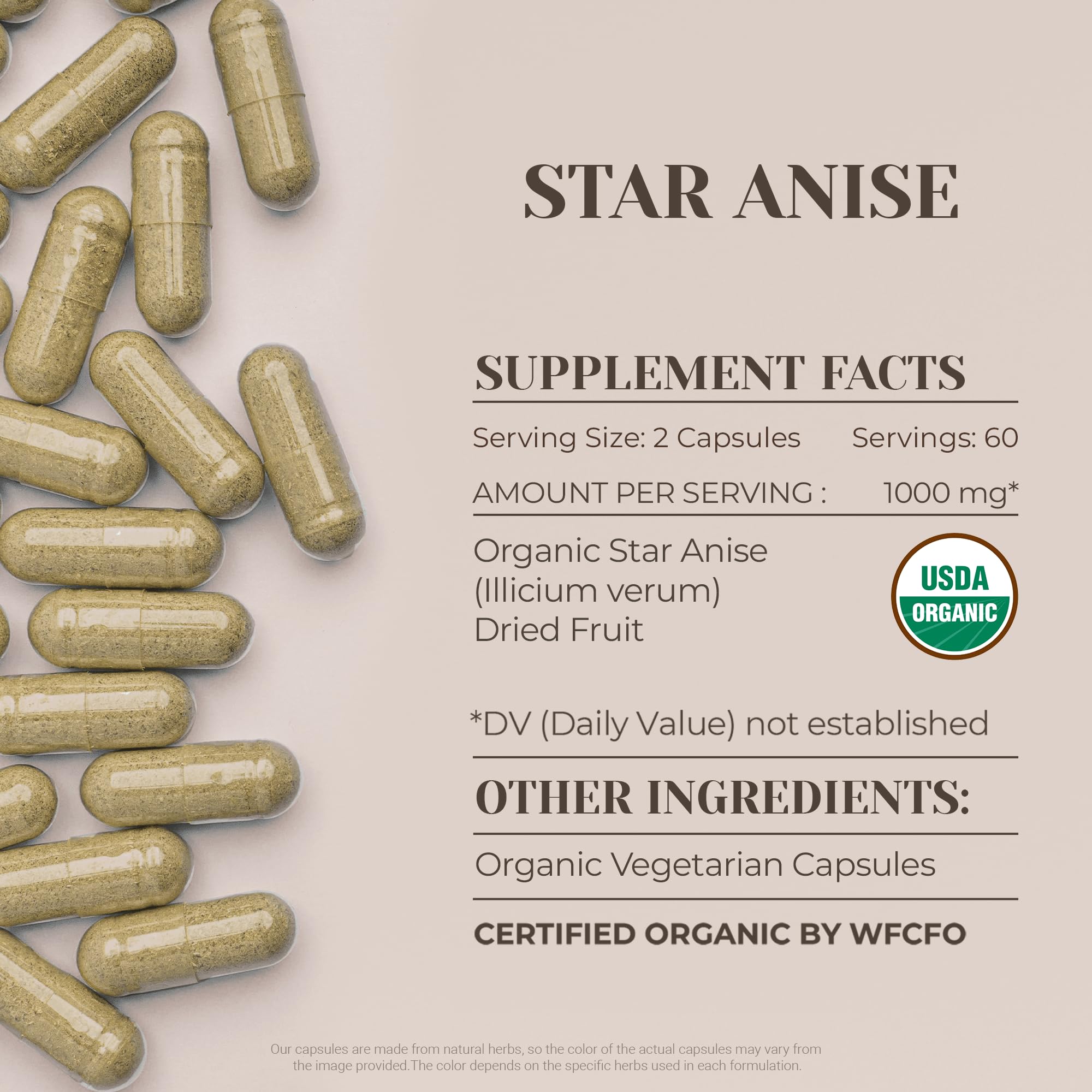 Star Anise USDA Organic 120 Capsules | Organic Star Anise (Illicium verum) Dried Seed