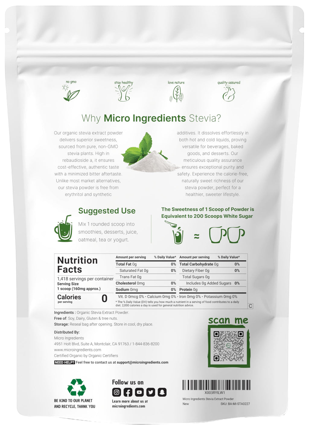 Pure Organic Stevia Powder 8 oz – Reb-A, Zero Calorie Keto Sweetener