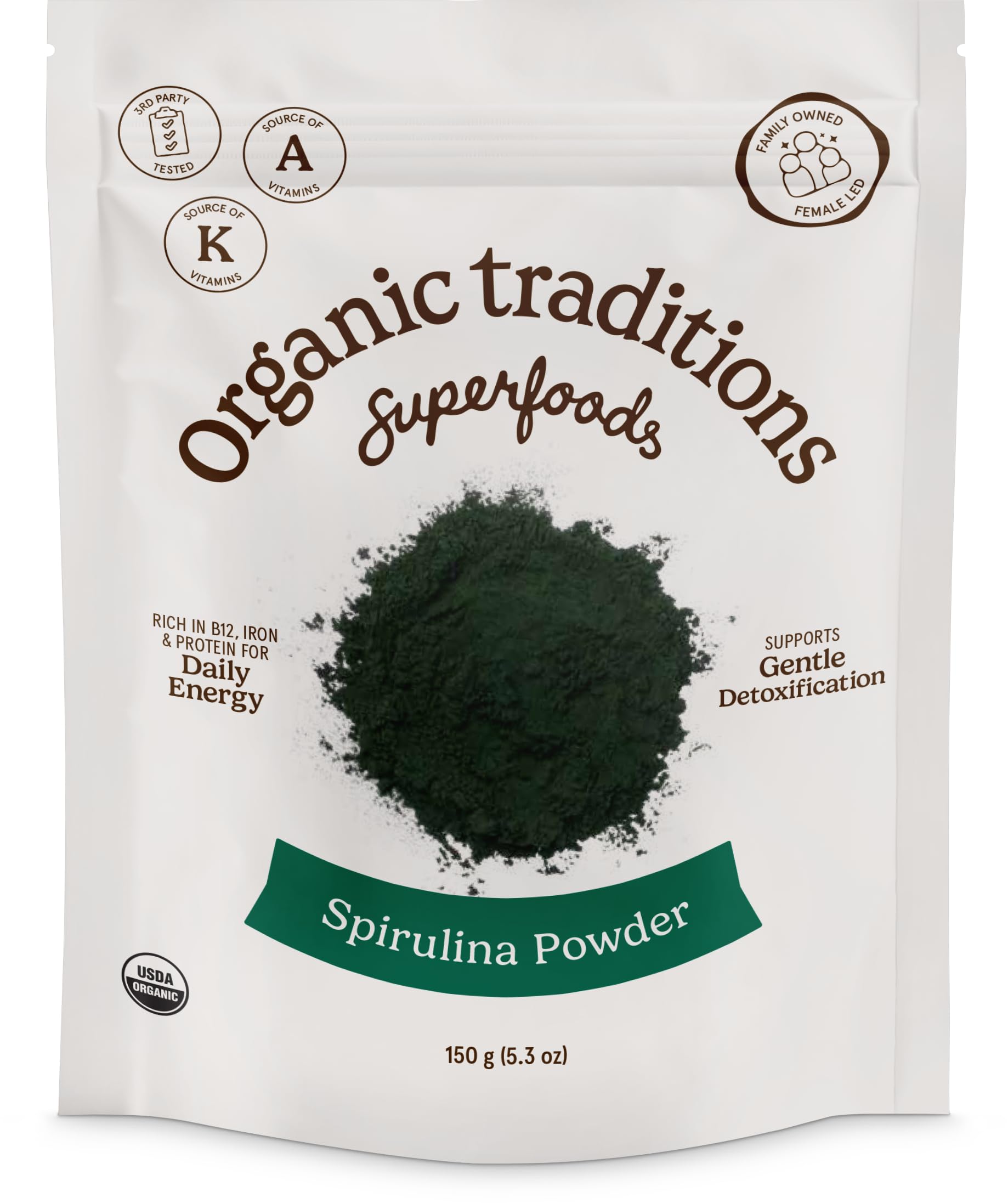Organic Traditions Spirulina Powder – Organic, Vegan & Non-GMO, 5.3oz (150g) Bag | 50 Servings