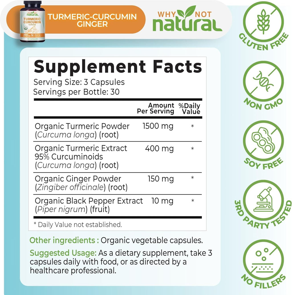 Organic Turmeric Curcumin Capsules with Ginger and Black Pepper - Tumeric