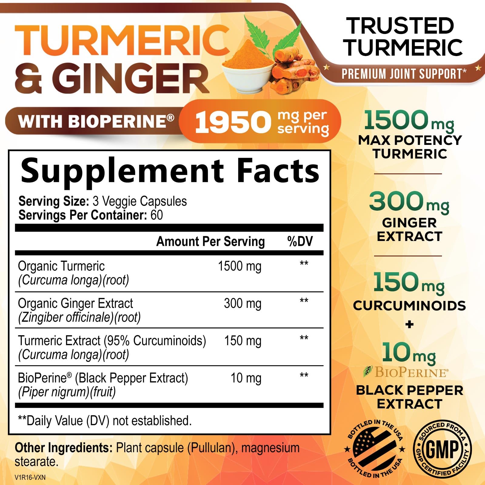 Turmeric Curcumin 1950mg with BioPerine – 95% Curcuminoids, Organic Turmeric & Ginger, 180 Capsules