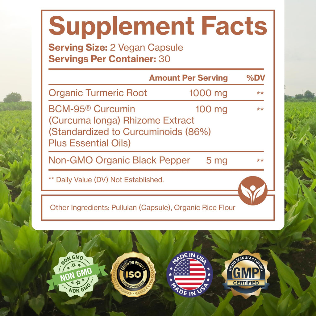 Organic Turmeric Curcumin with BCM-95 & Black Pepper – Inflammation, Brain & Immune Health | 60 Vegan Capsules