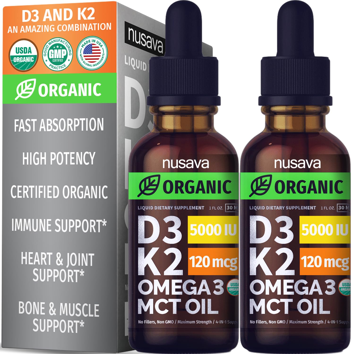 (2 Pack) Organic Vitamin D3 K2 Drops 5000 IU | MCT Oil, Omega-3, Unflavored 2 oz