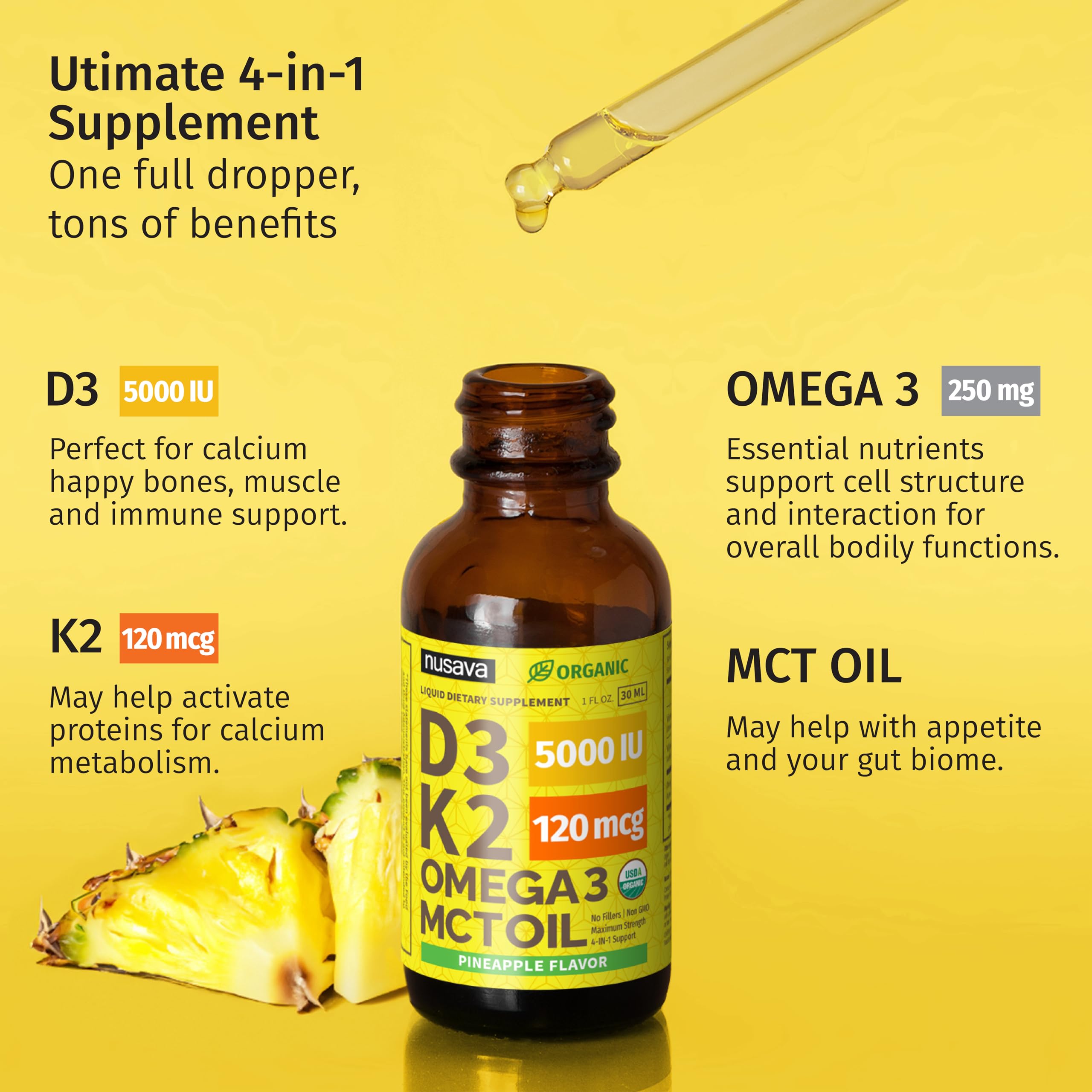 2 Pack Organic Vitamin D3 K2 Drops with MCT Oil – Pineapple 2 fl oz | 5000 IU Immune Support