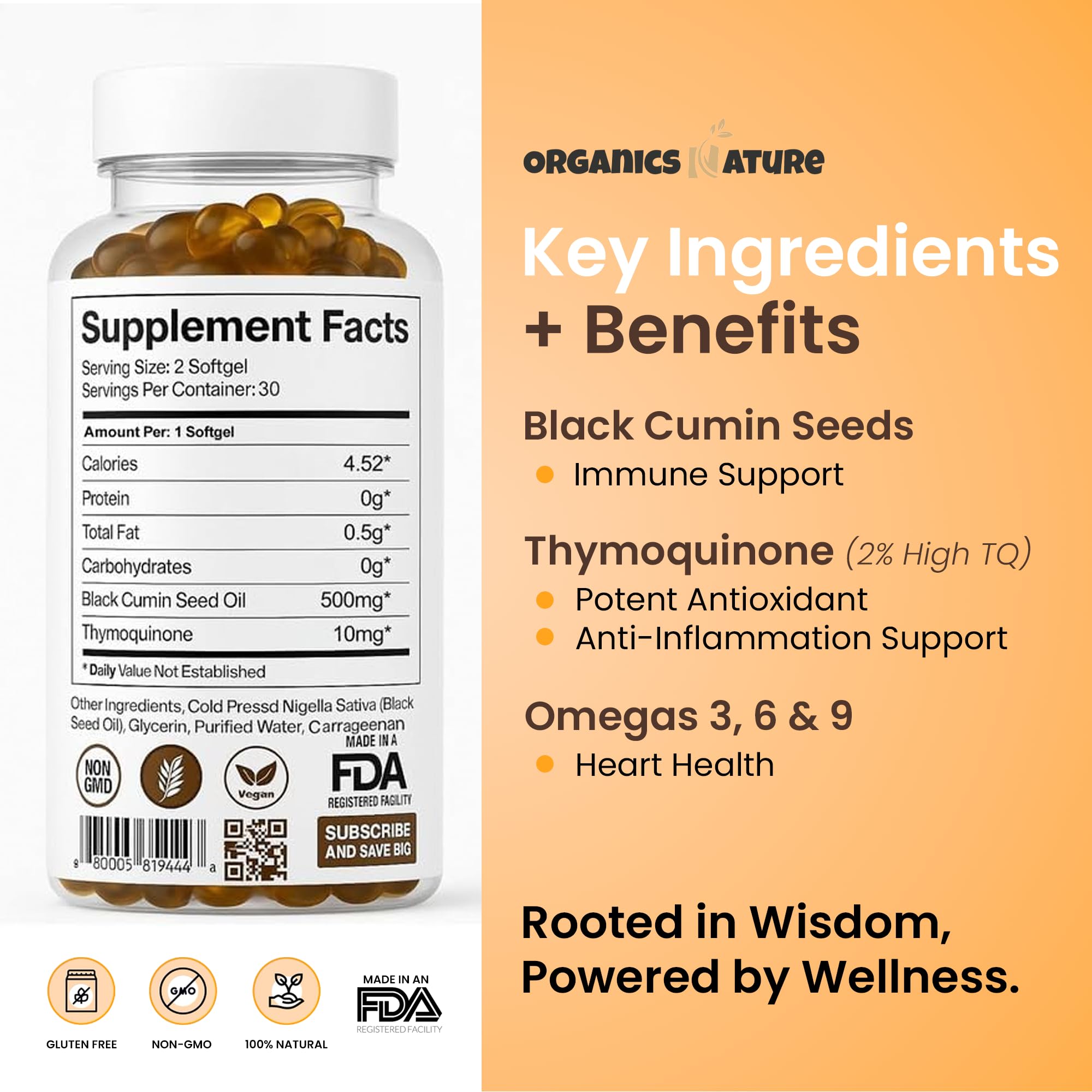 ORGANICS NATURE Black Seed Oil Capsules 1000mg – Vegan Softgels | Thymoquinone 20mg | Omega 3-6-9