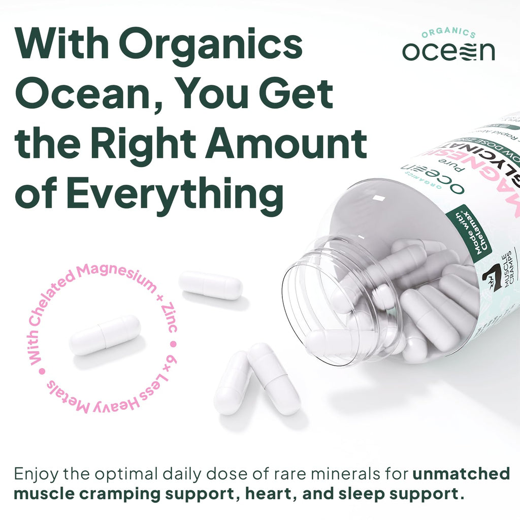 Organics Ocean Magnesium Glycinate with Zinc – Maximum Strength Chelated Magnesium (90 Capsules)