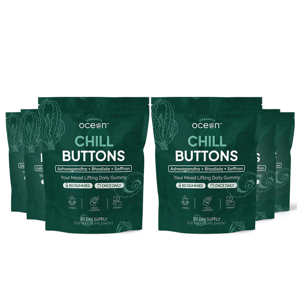 Organics Ocean Chill Buttons – Natural Ashwagandha Gummies with KSM-66, Rhodiola & Saffron | Relaxation, Mood & Focus (6-Pack, 360 Count)
