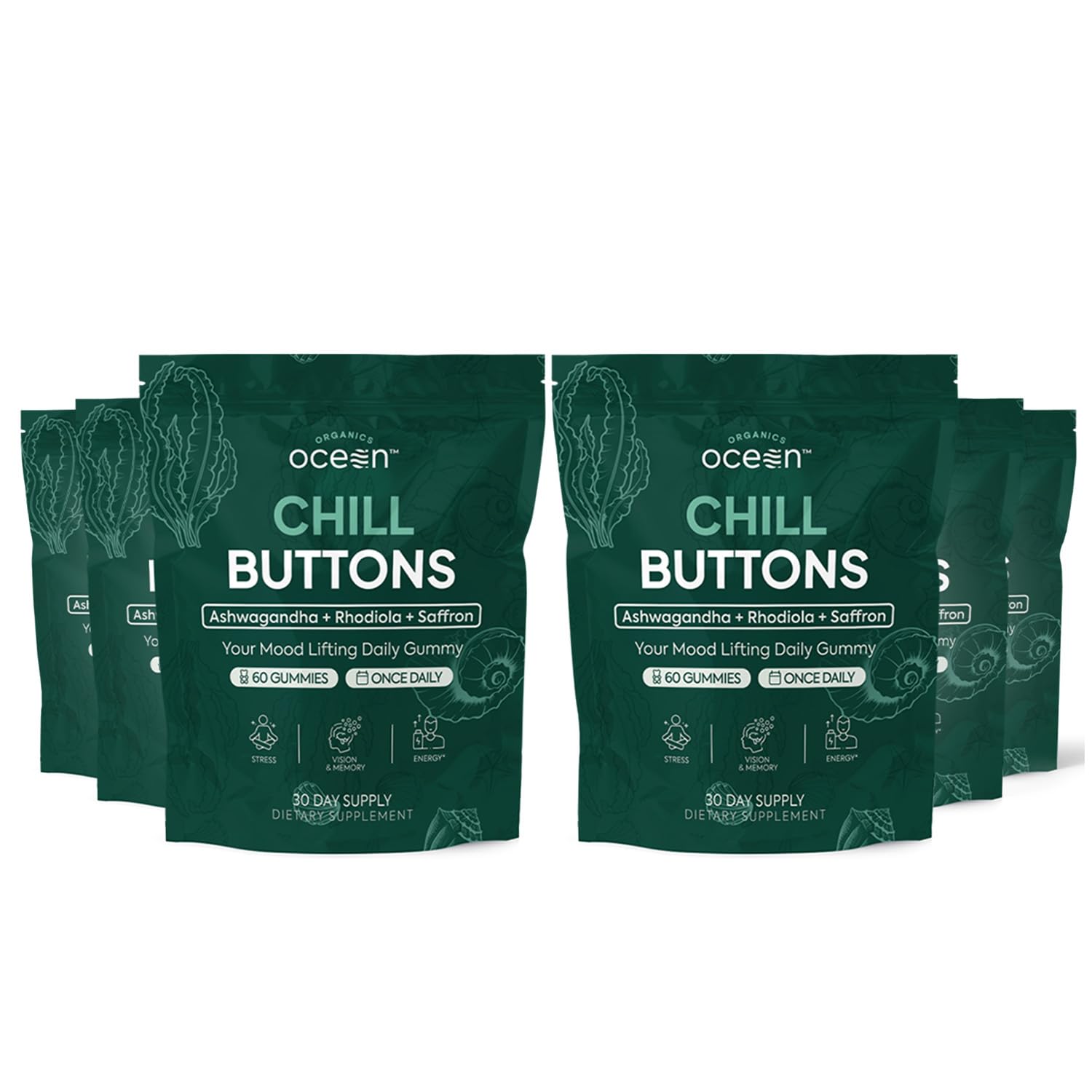Organics Ocean Chill Buttons – Natural Ashwagandha Gummies with KSM-66, Rhodiola & Saffron | Relaxation, Mood & Focus (6-Pack, 360 Count)