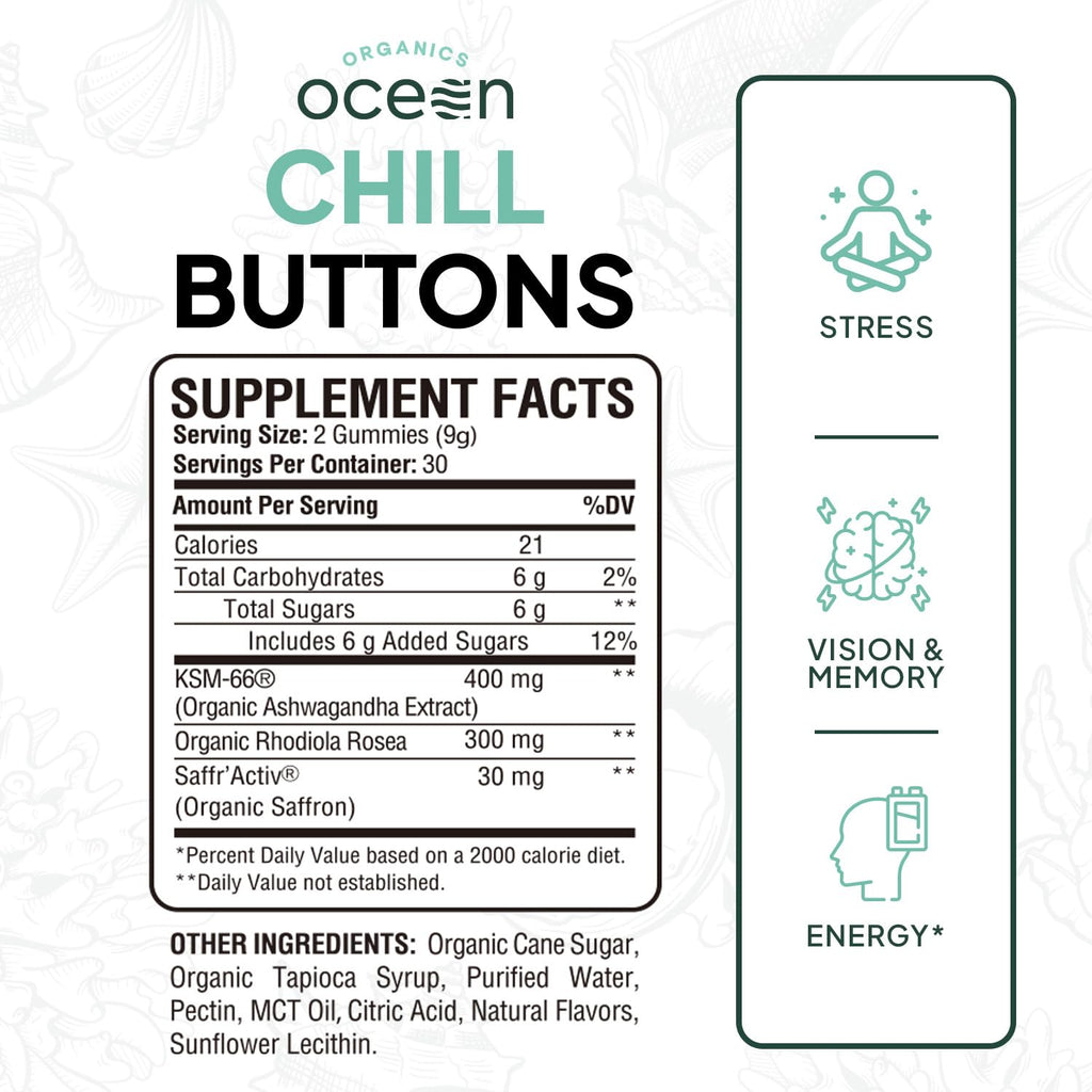 Organics Ocean Chill Buttons – Natural Ashwagandha Gummies with KSM-66, Rhodiola & Saffron | Relaxation, Mood & Focus (6-Pack, 360 Count)
