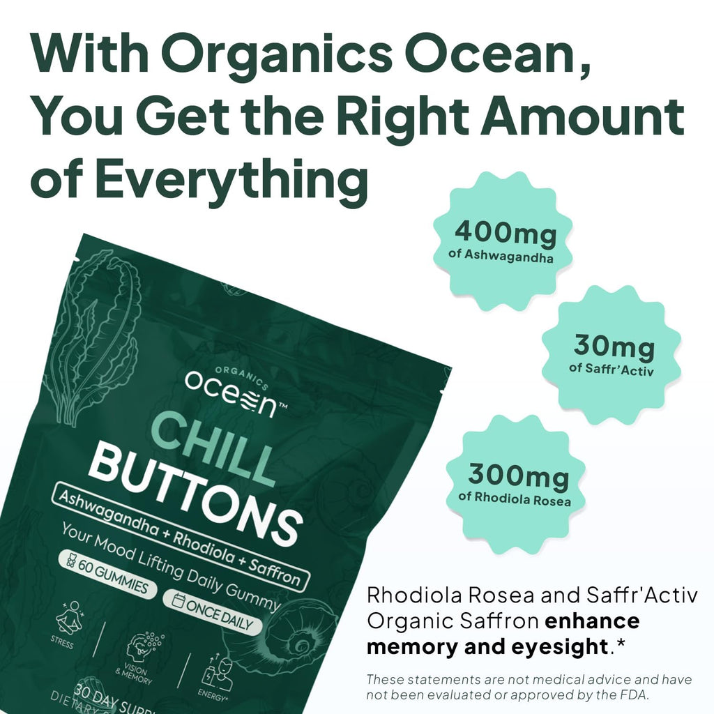 Organics Ocean Chill Buttons – Natural Ashwagandha Gummies with KSM-66, Rhodiola & Saffron | Relaxation, Mood & Focus (6-Pack, 360 Count)