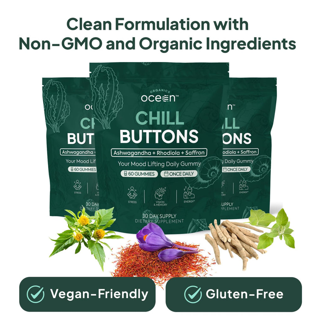 Organics Ocean Chill Buttons – Natural Ashwagandha Gummies with KSM-66, Rhodiola & Saffron | Relaxation, Mood & Focus (6-Pack, 360 Count)