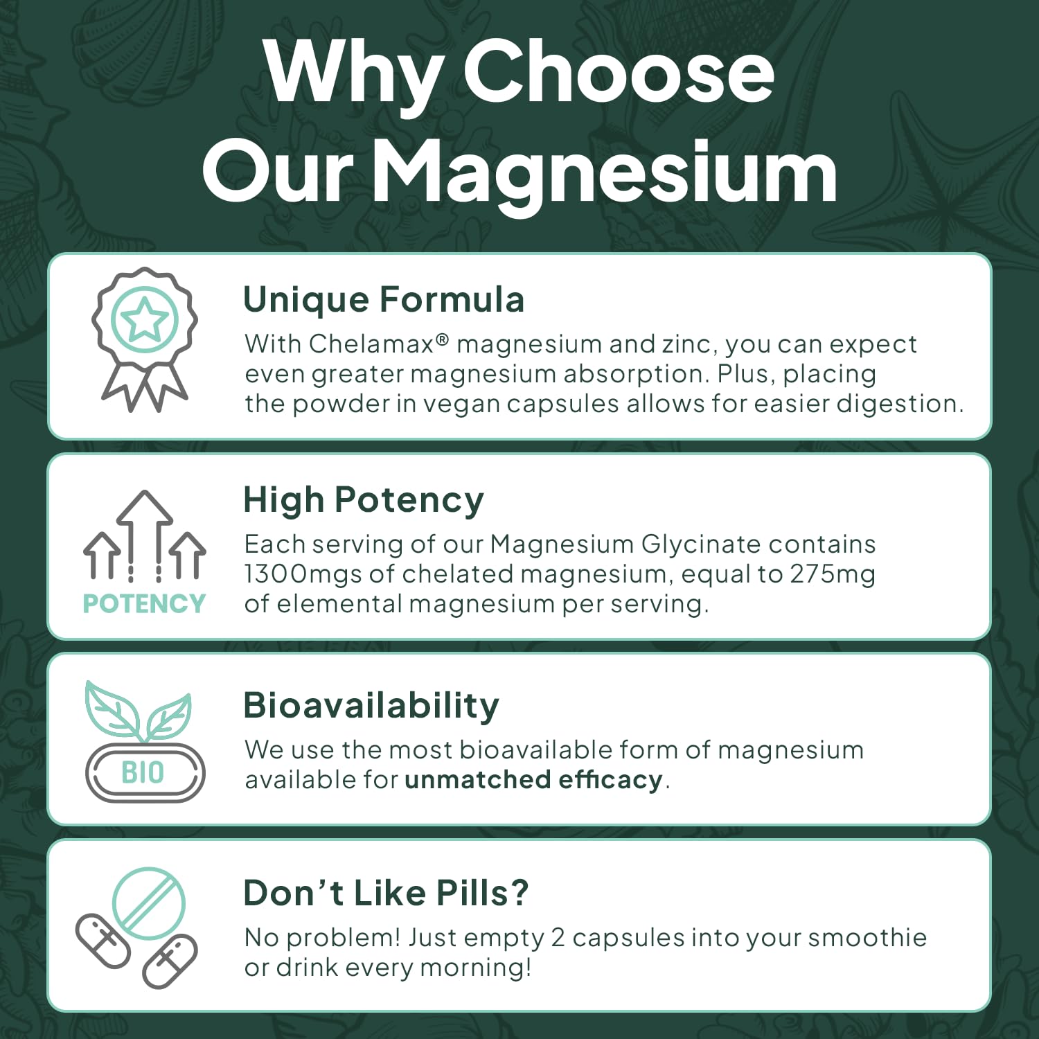 Organics Ocean Pure Magnesium Glycinate with Zinc – Maximum Strength Chelated Magnesium for Sleep & Muscle Support (6 Bottles)