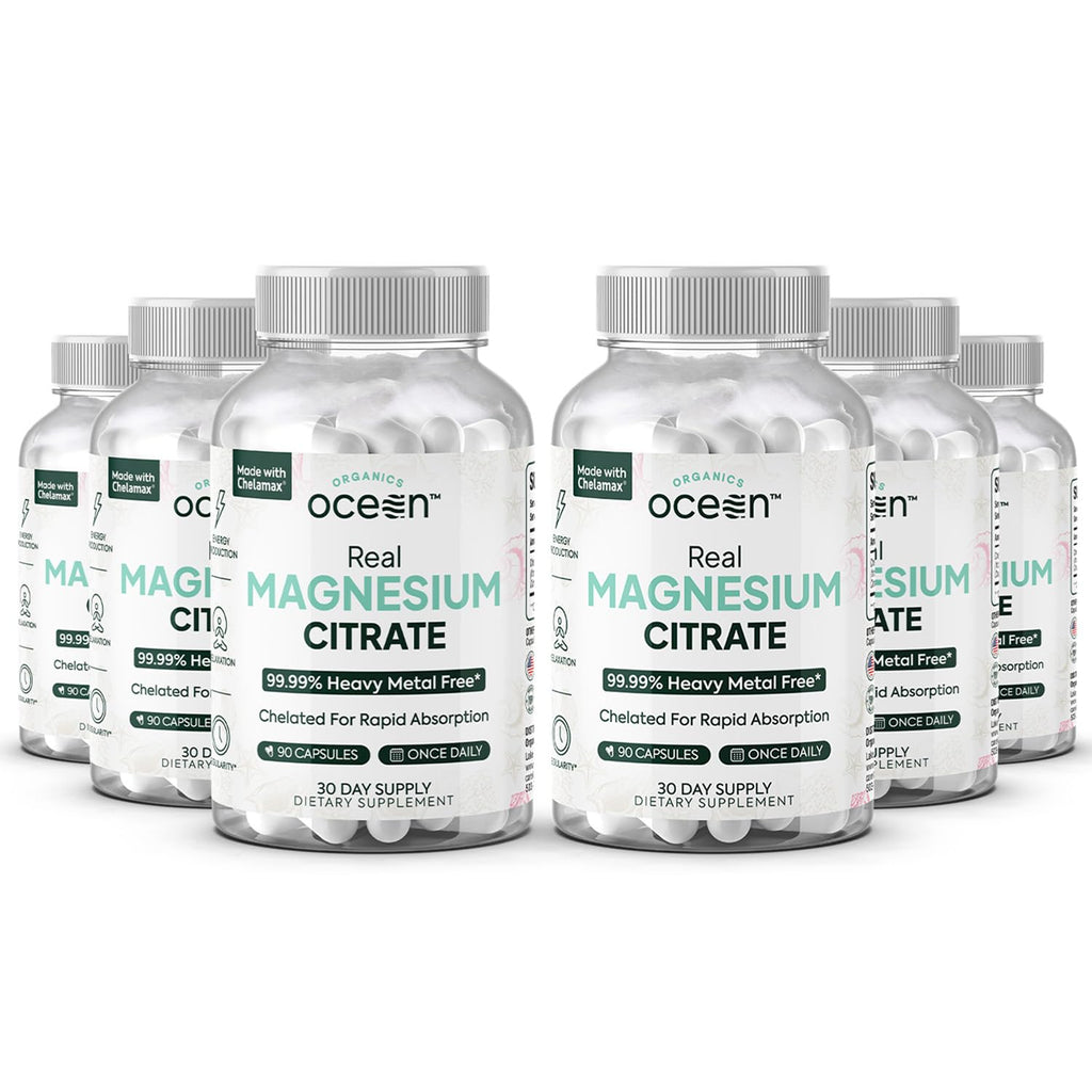 Organics Ocean Real Magnesium Citrate – High-Absorption Chelated Magnesium for Energy, Relaxation, and Regularity – 6 Pack