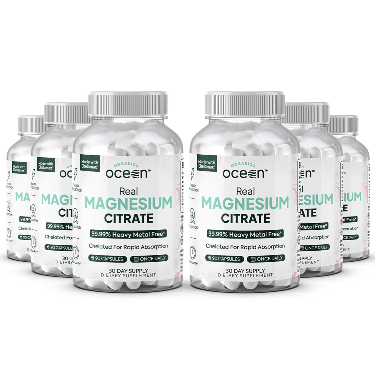 Organics Ocean Real Magnesium Citrate – High-Absorption Chelated Magnesium for Energy, Relaxation, and Regularity – 6 Pack