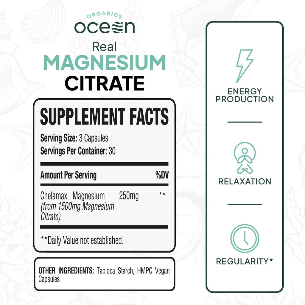 Organics Ocean Real Magnesium Citrate – High-Absorption Chelated Magnesium for Energy, Relaxation, and Regularity – 6 Pack