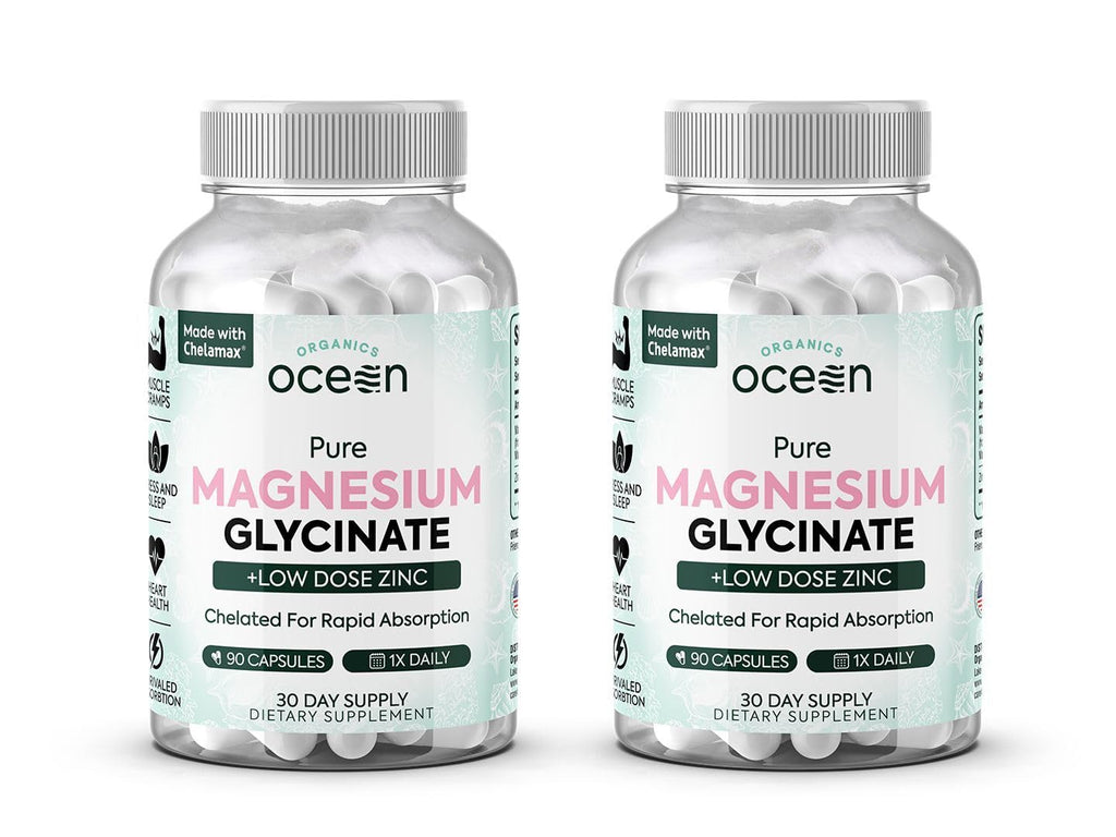 Organics Ocean Magnesium Glycinate with Zinc - Maximum Strength Chelated Magnesium for Sleep & Muscle Cramps - 2 Bottles