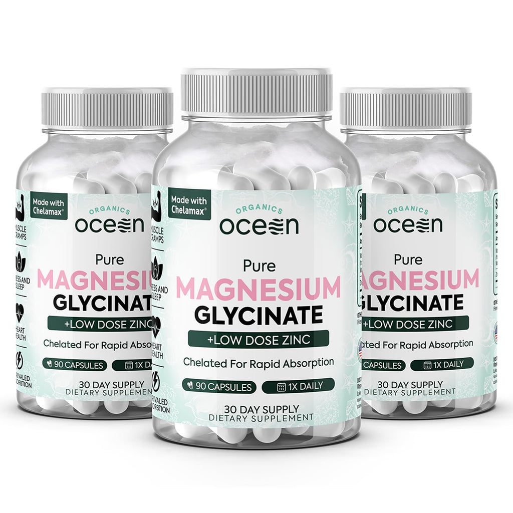 Organics Ocean Magnesium Glycinate with Zinc – Maximum Strength Chelated Magnesium for Sleep Support, Muscle Cramps & Heart Health – 3 Bottles