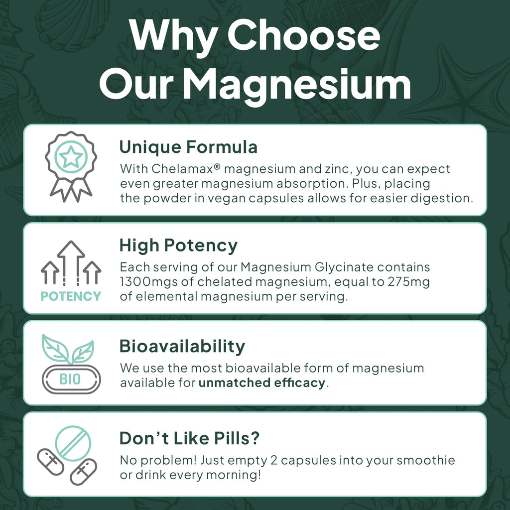 Organics Ocean Magnesium Glycinate with Zinc - Maximum Strength Chelated Magnesium for Sleep & Muscle Cramps - 2 Bottles