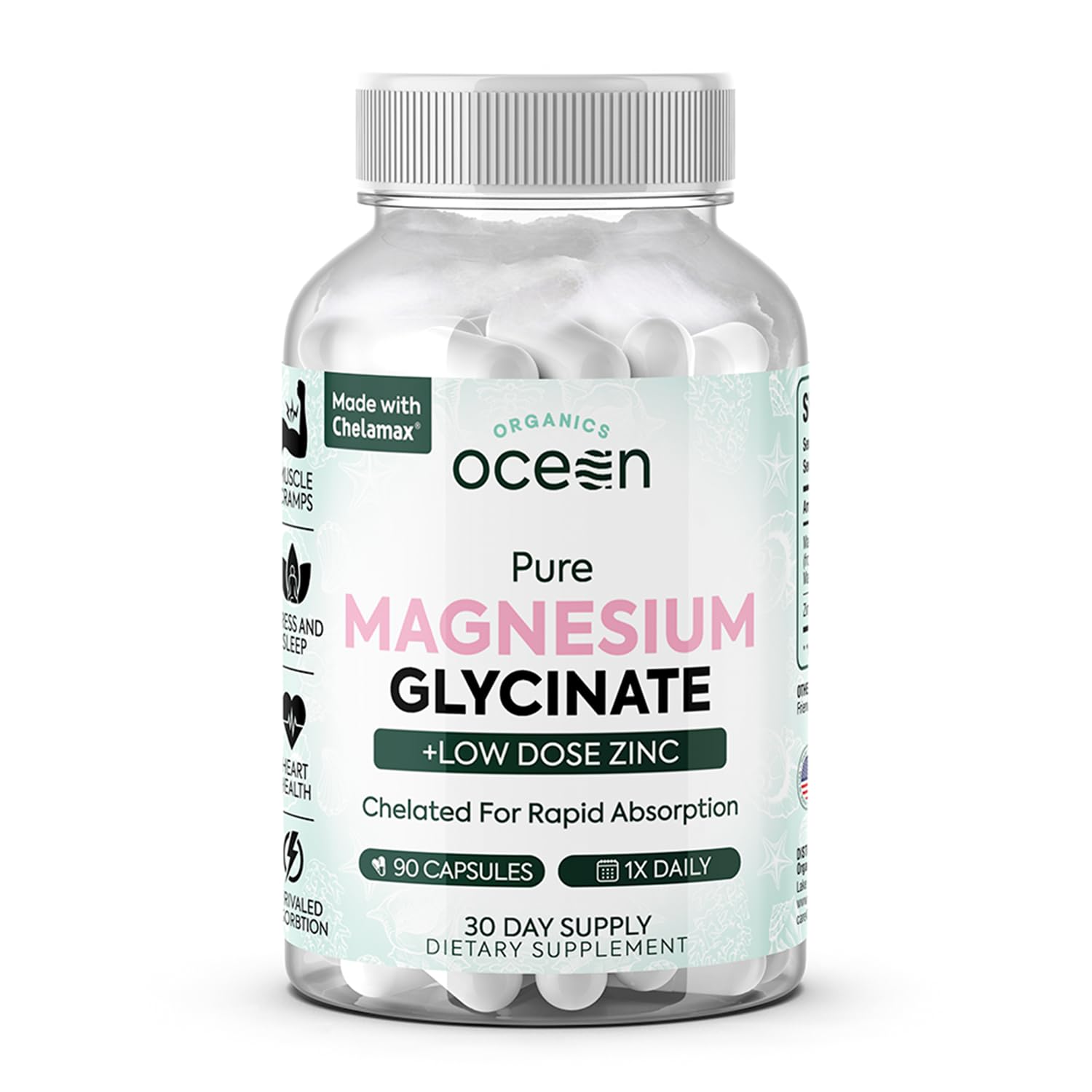 Organics Ocean Magnesium Glycinate with Zinc – Maximum Strength Chelated Magnesium (90 Capsules)