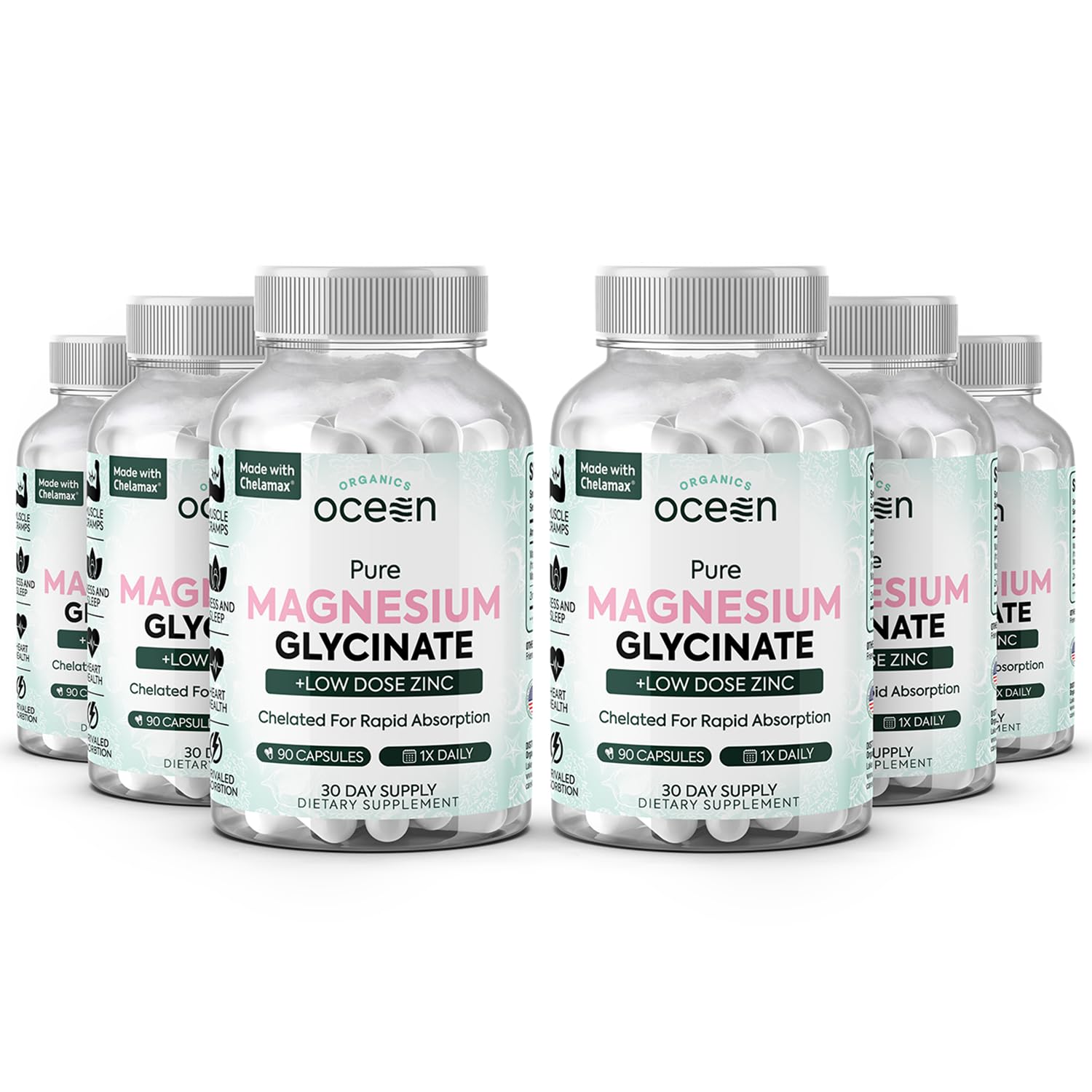 Organics Ocean Pure Magnesium Glycinate with Zinc – Maximum Strength Chelated Magnesium for Sleep & Muscle Support (6 Bottles)