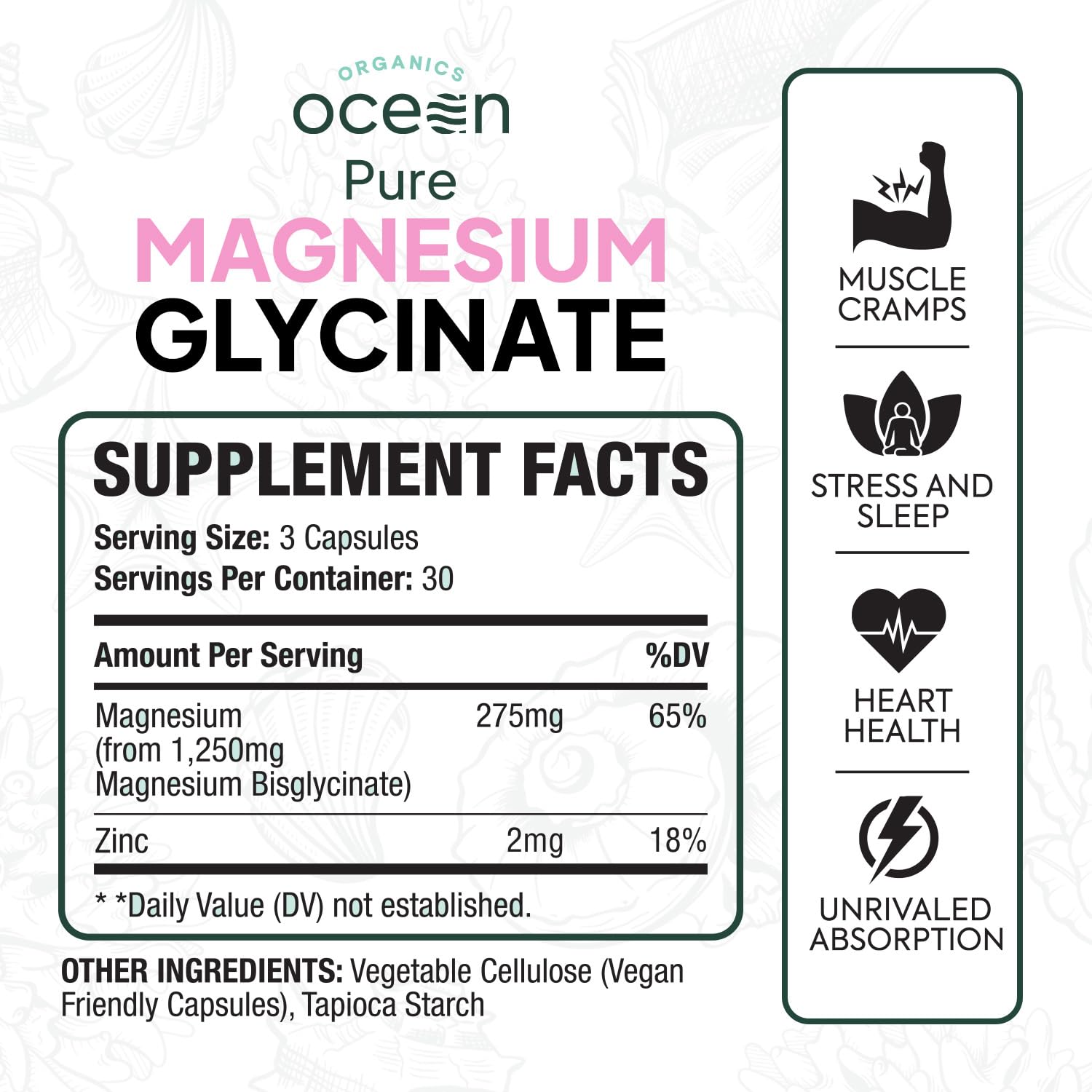 Organics Ocean Pure Magnesium Glycinate with Zinc – Maximum Strength Chelated Magnesium for Sleep & Muscle Support (6 Bottles)