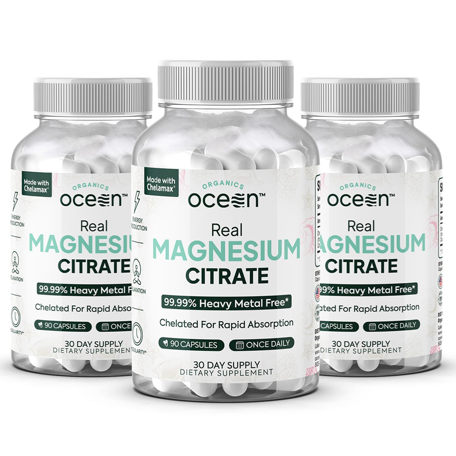 Organics Ocean Real Magnesium Citrate - High Absorption Chelated Magnesium Supplement - 3 Pack Bulk