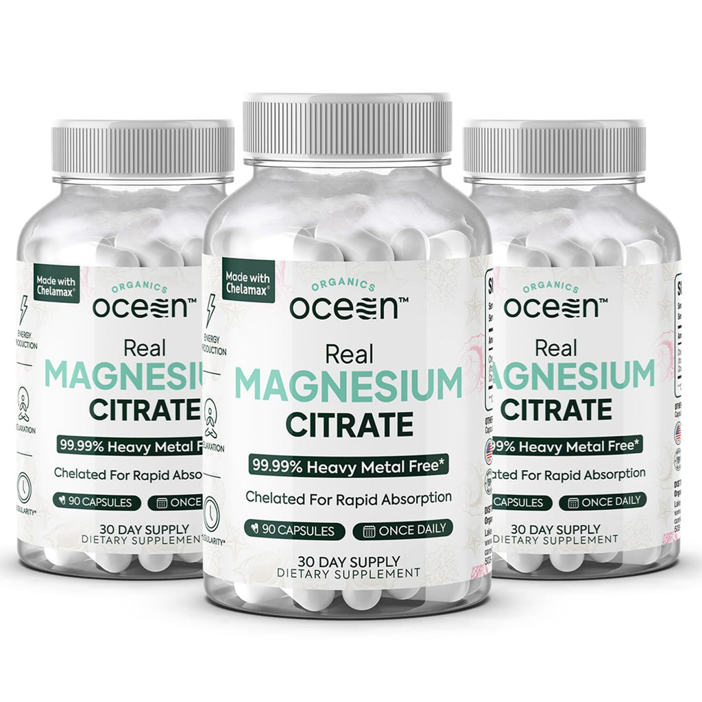 Organics Ocean Real Magnesium Citrate - High Absorption Chelated Magnesium Supplement - 3 Pack Bulk