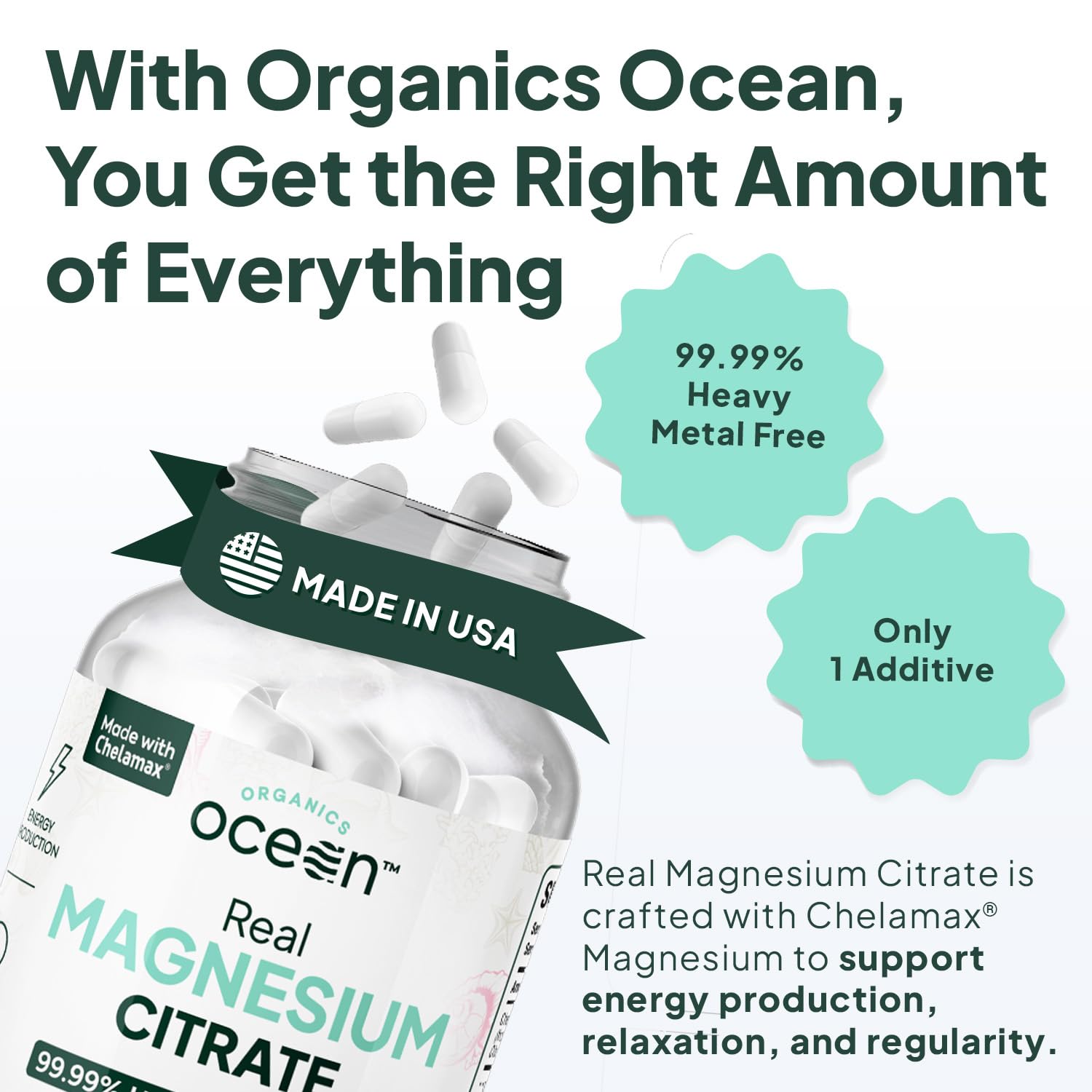 Organics Ocean Real Magnesium Citrate – High-Absorption Chelated Magnesium for Energy, Relaxation, and Regularity – 6 Pack
