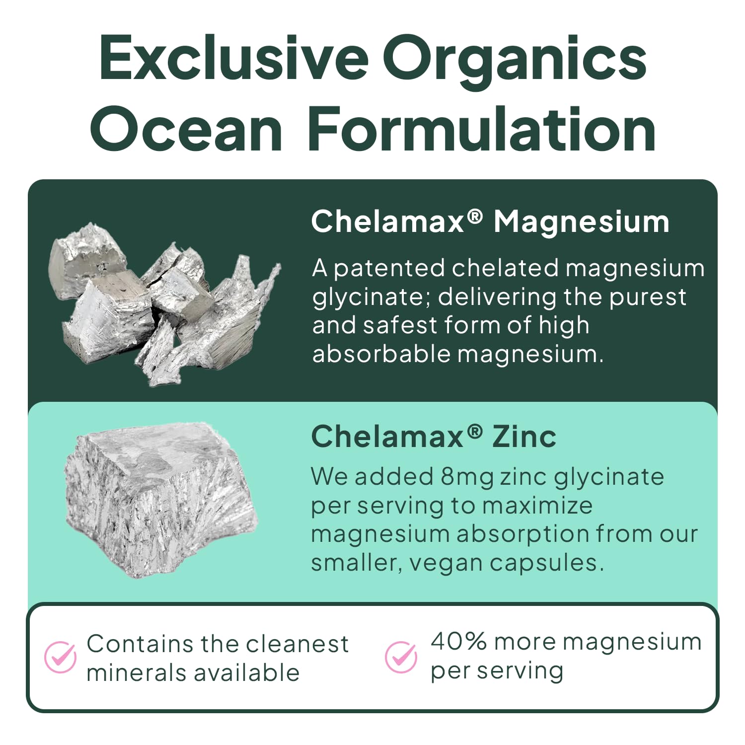 Organics Ocean Magnesium Glycinate with Zinc – Maximum Strength Chelated Magnesium (90 Capsules)