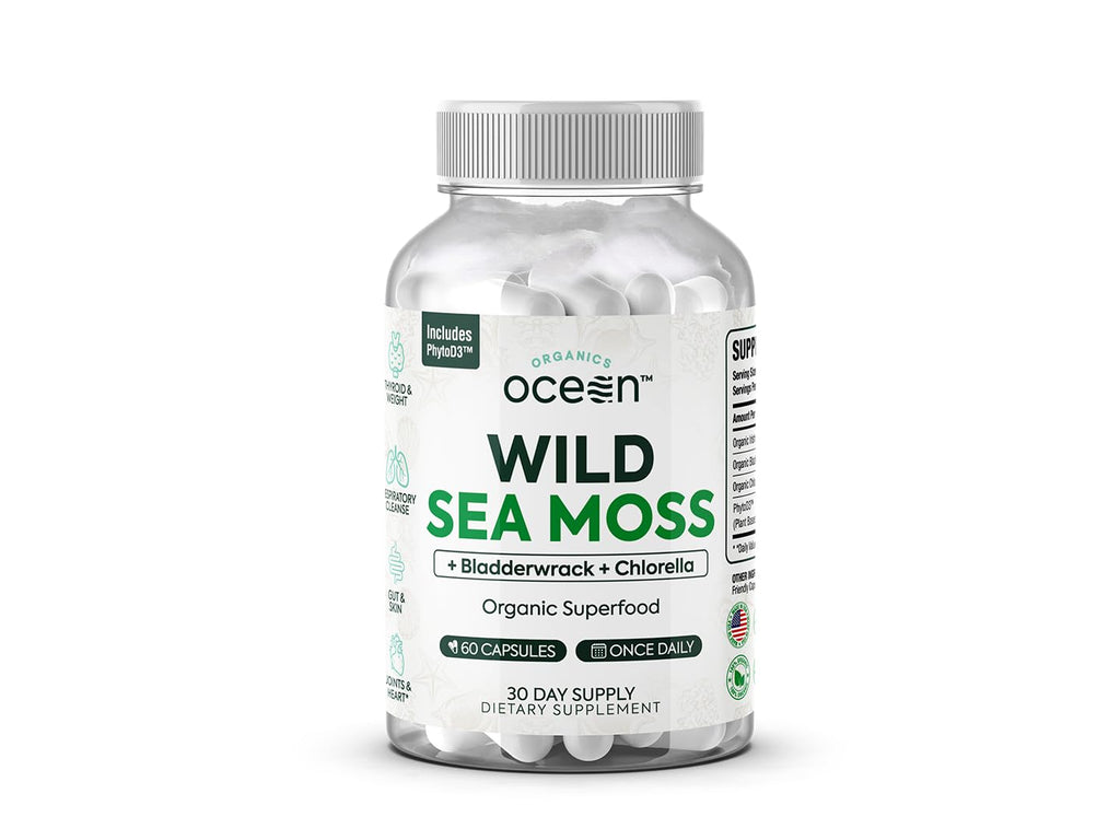 Organics Ocean Wild Sea Moss Capsules – 60 Capsules | Organic Irish Sea Moss, Bladderwrack, Chlorella & Vitamin D3