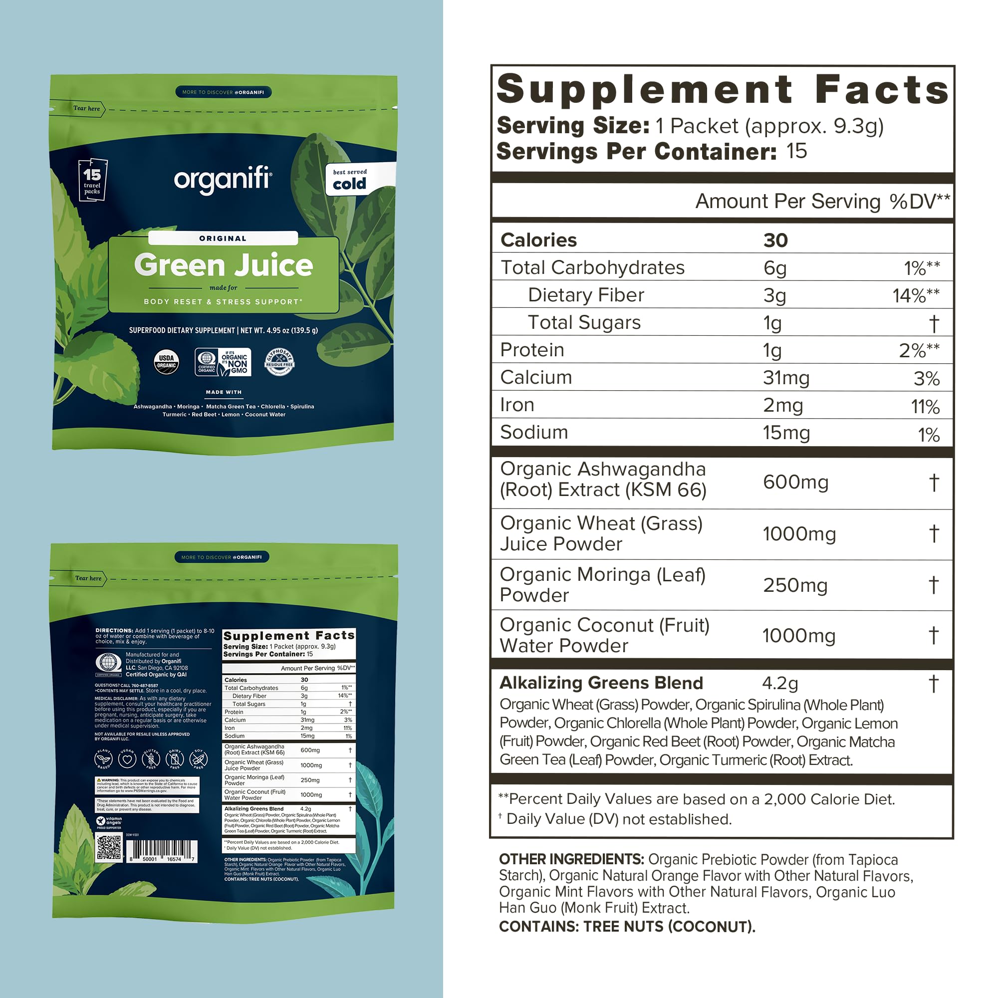 Organifi GO Packs: Green Juice – Organic Superfood (15 Travel Packs)