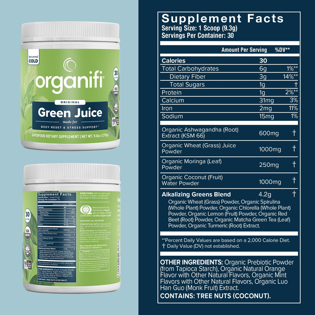 Organifi Green Juice Powder – Organic Superfoods for Energy, Cortisol Balance, Fitness Goals (30-Day Supply)