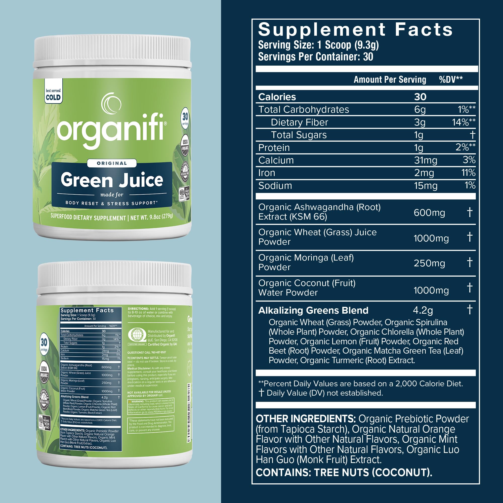 Organifi Green Juice Powder – Organic Superfoods for Energy, Cortisol Balance, Fitness Goals (30-Day Supply)