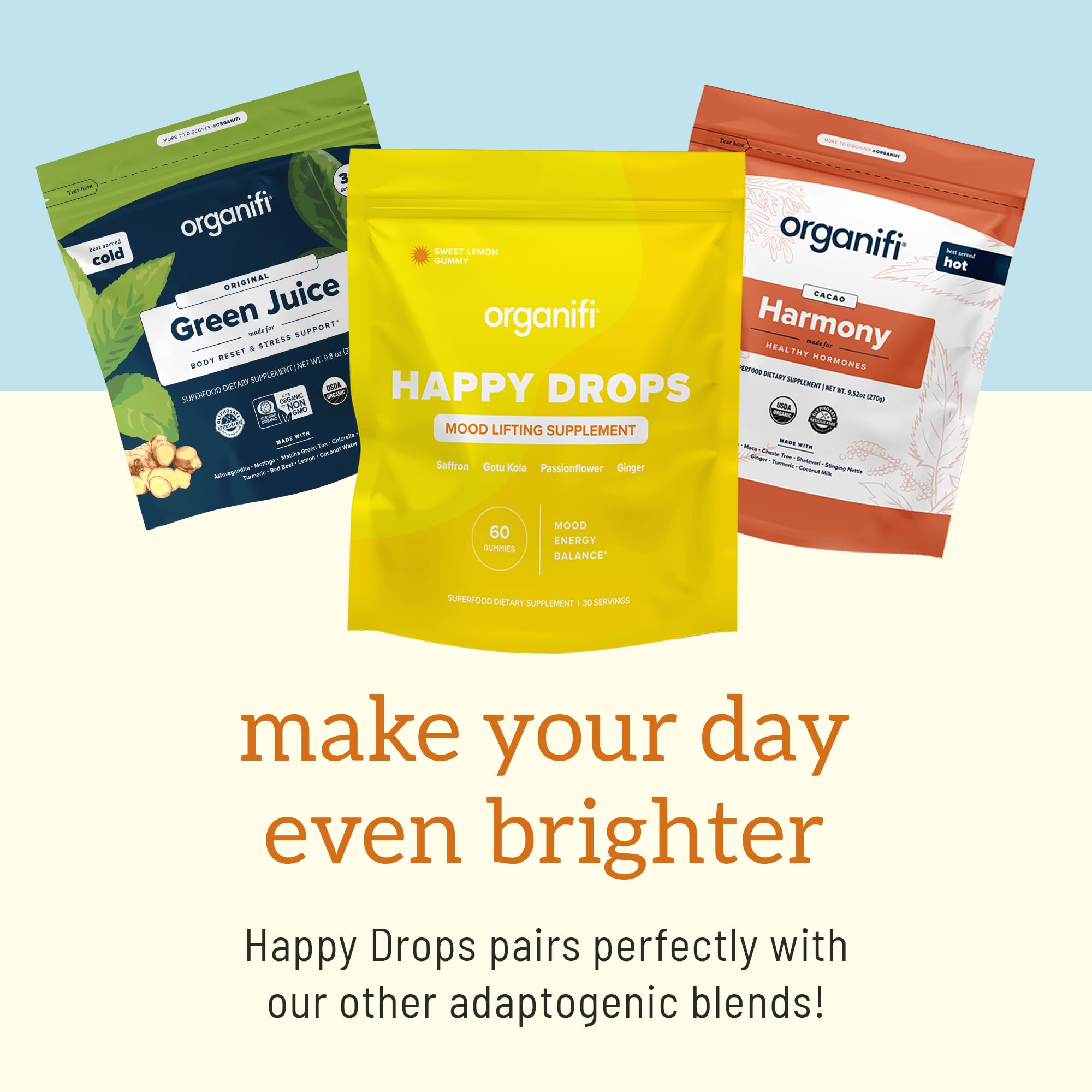 Organifi Happy Drops – Daily Mood Support Gummies (Lemon) – 60 Gummies