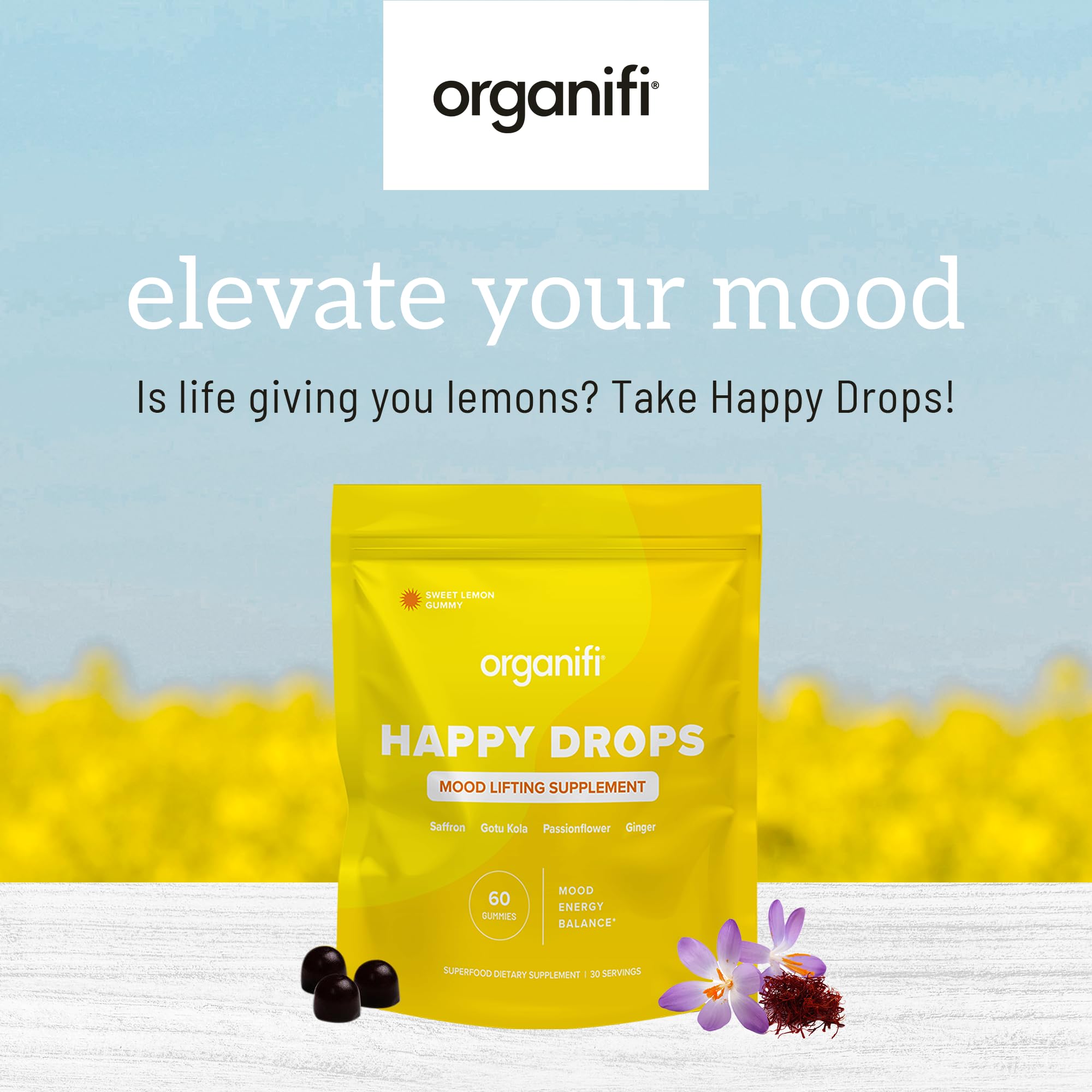 Organifi Happy Drops – Daily Mood Support Gummies (Lemon) – 60 Gummies