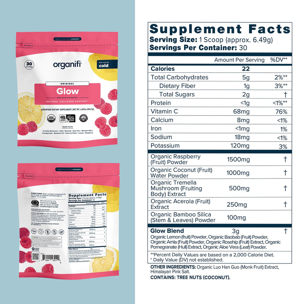 Organifi Glow - Vegan Collagen Powder for Women | Organic Flavored Water Ingredient, 30 Servings
