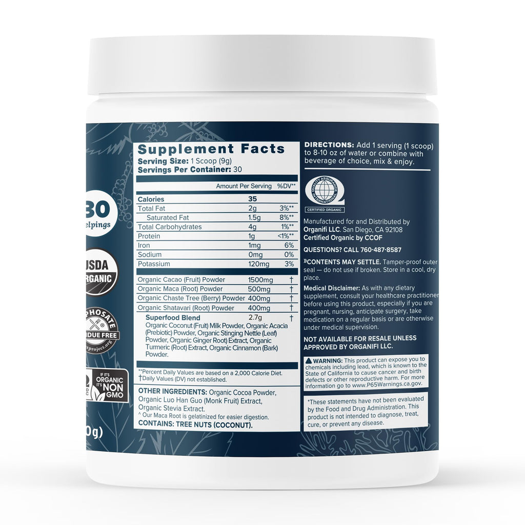 Organifi Harmony: Hormone Support for PMS Relief & Energy | Gluten Free & Vegan Cacao Powder, 30 Servings