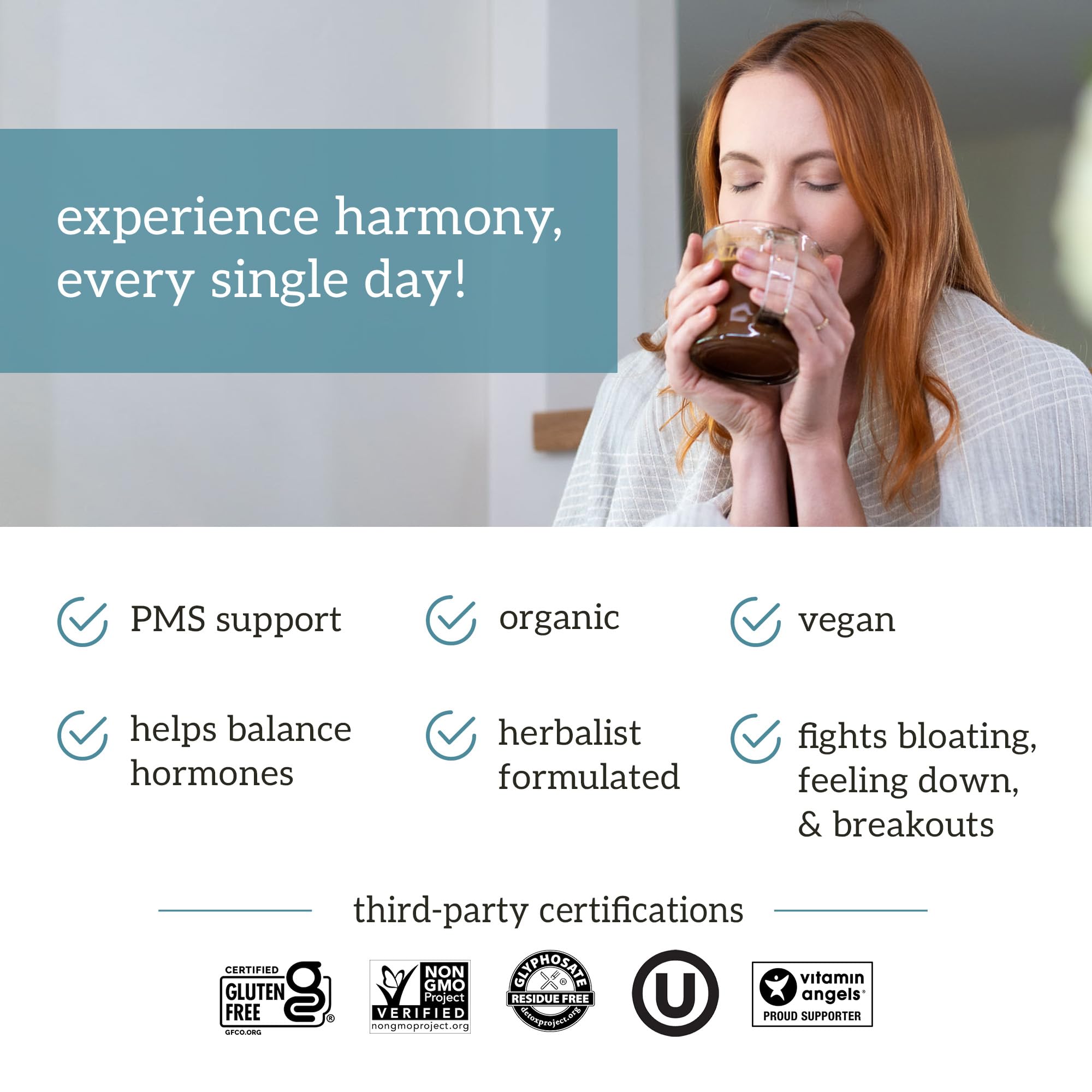 Organifi Harmony: Hormone Support for PMS Relief & Energy | Gluten Free & Vegan Cacao Powder, 30 Servings