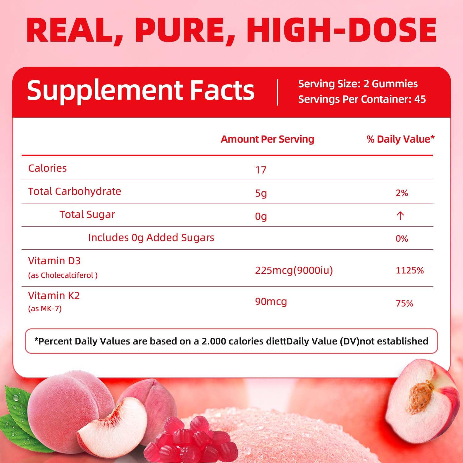 ORGMO Vitamin D3 K2 Gummies for Women – Sugar Free, 9000IU, Peach Flavor | 90 Count