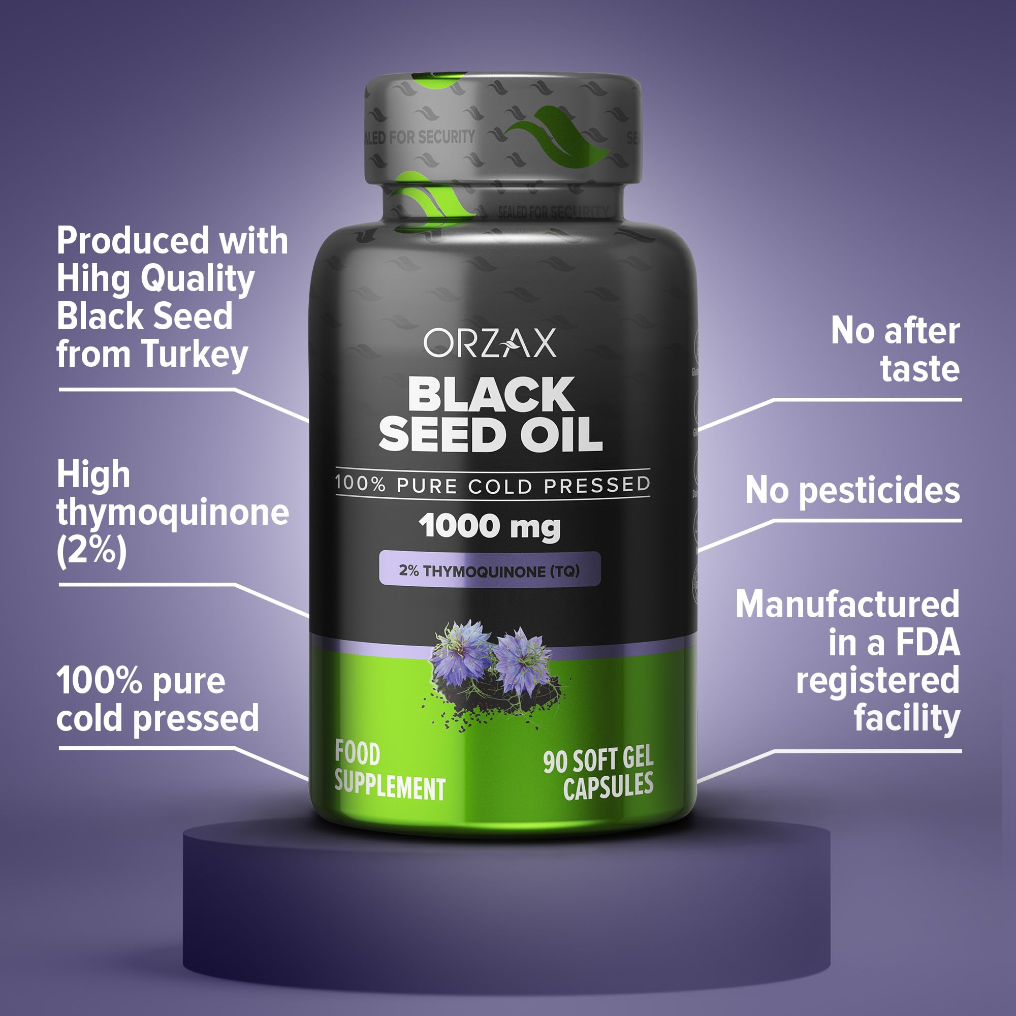 ORZAX Black Seed Oil 1000 mg – Cold-Pressed, 90 Softgels | Non-GMO, Omega 3-6-9, Thymoquinone