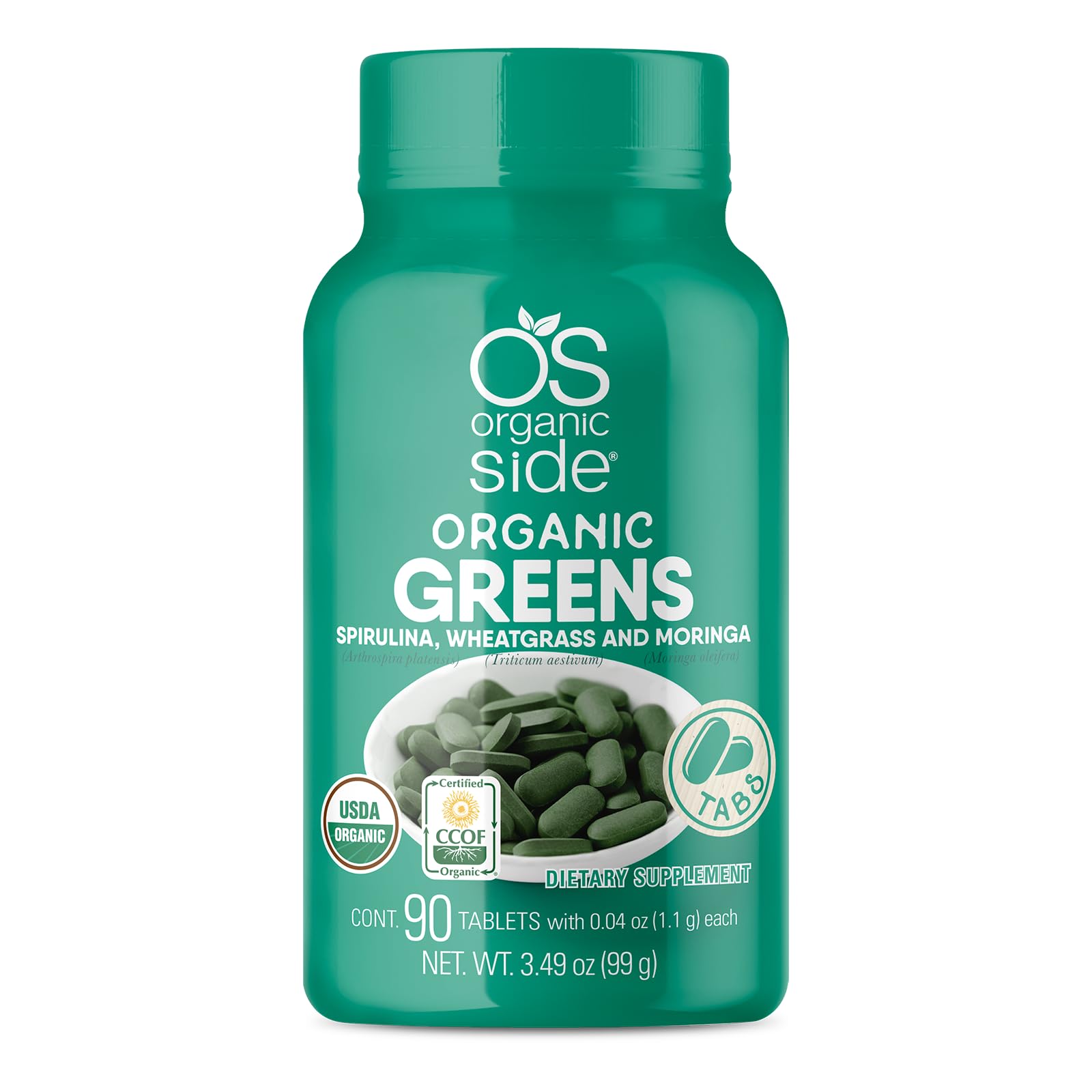 OS Organic Side Organic Greens - Spirulina, Wheatgrass & Moringa (90 Tablets)