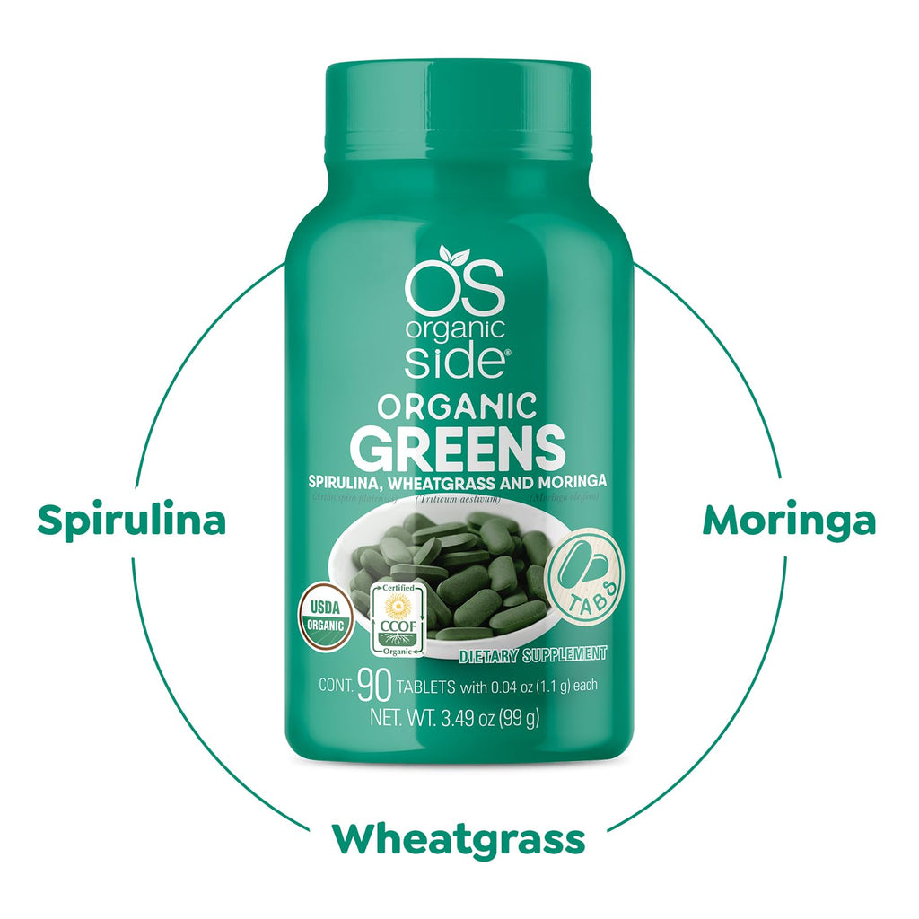 OS Organic Side Organic Greens - Spirulina, Wheatgrass & Moringa (90 Tablets)