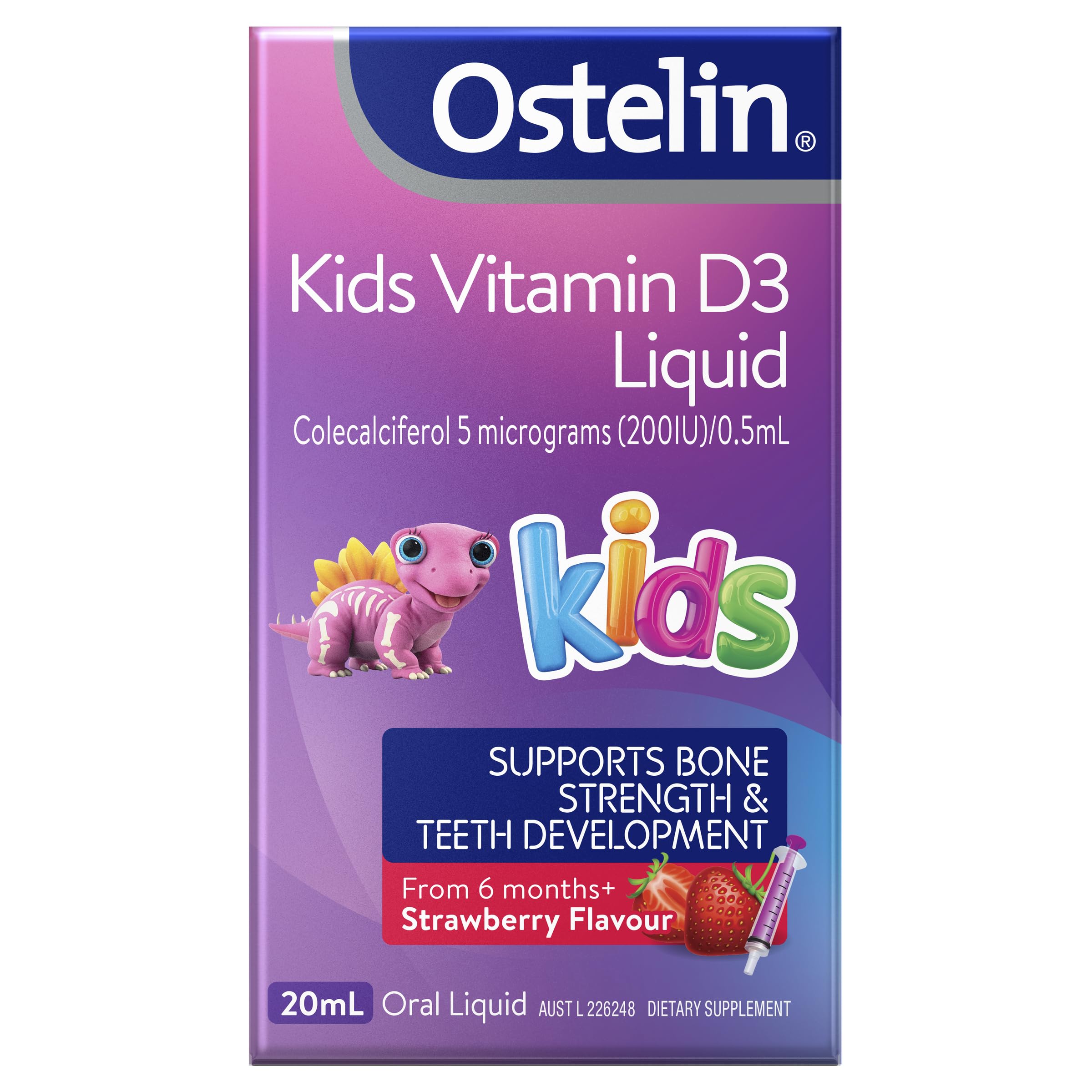 Ostelin Kids Vitamin D Liquid 20ml — 200IU Vitamin D3 (Strawberry)